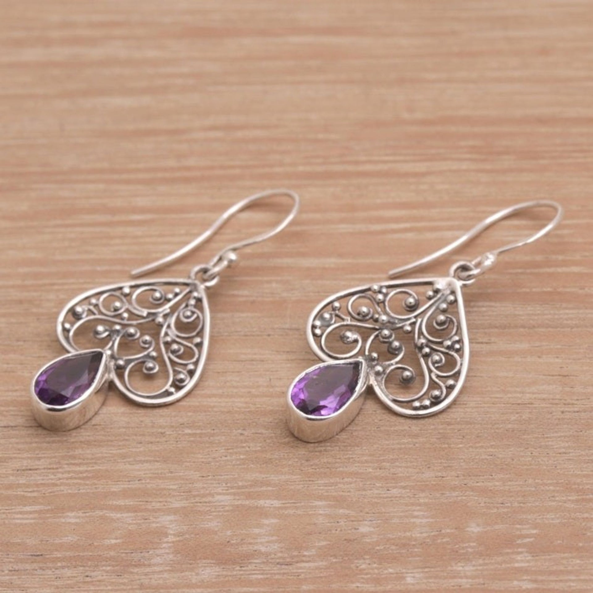 Amethyst and Sterling Silver Dangle Earrings from Bali 'Regal Spades'