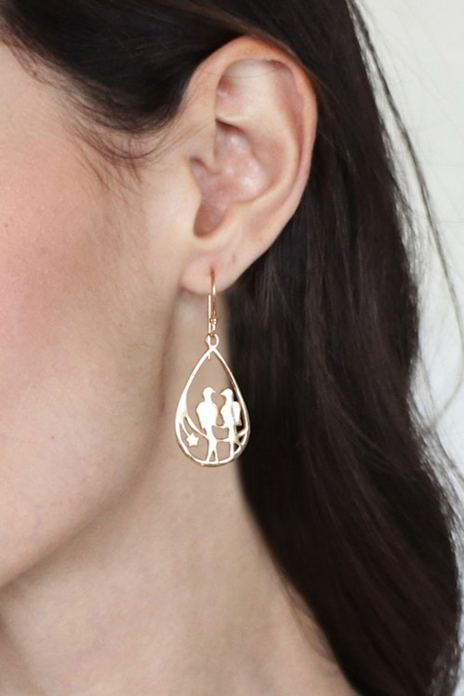 Romantic Drop-Shaped Love Birds Brass Dangle Earrings 'Shadow of Love'