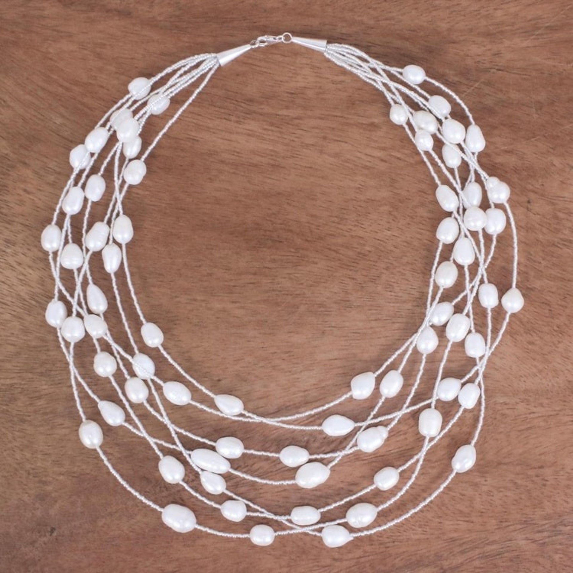 Cultured Pearl and Glass Bead Station Necklace 'Perfect White'