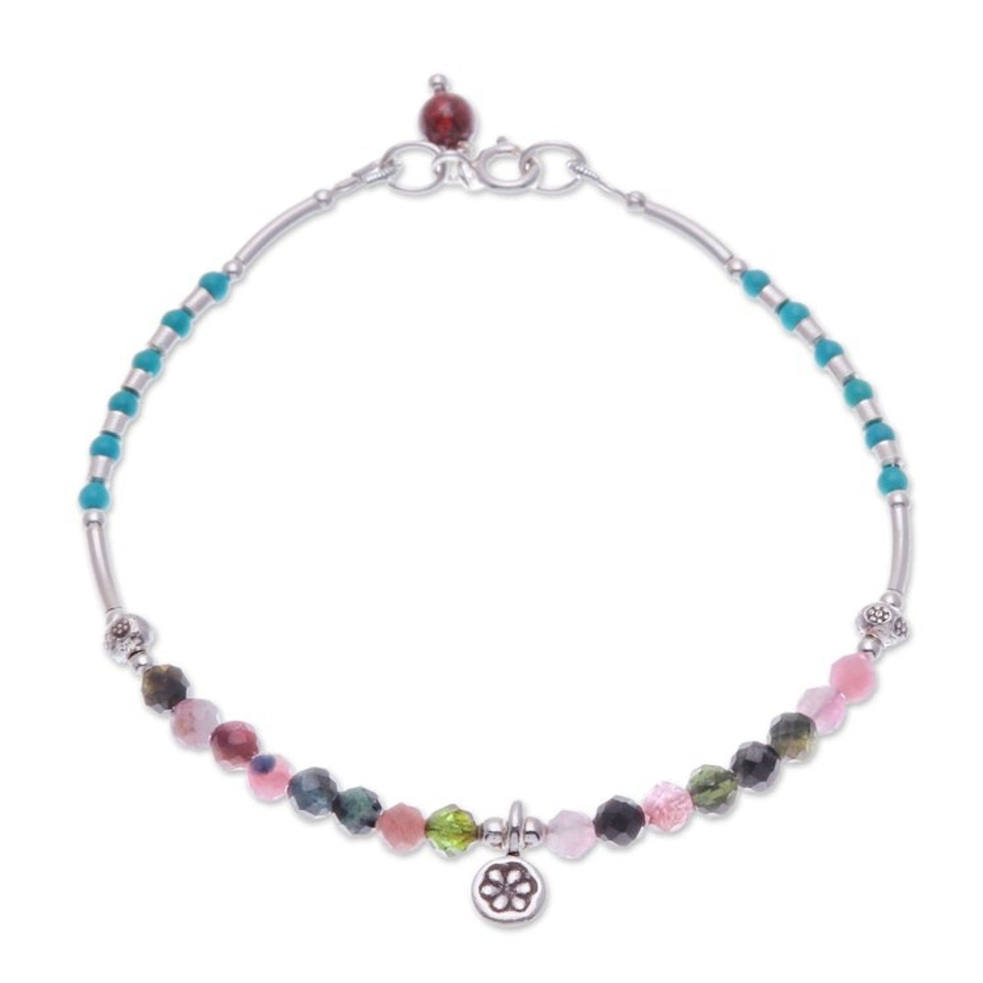Tourmaline and Garnet Beaded Charm Bracelet 'Daisy Petals'