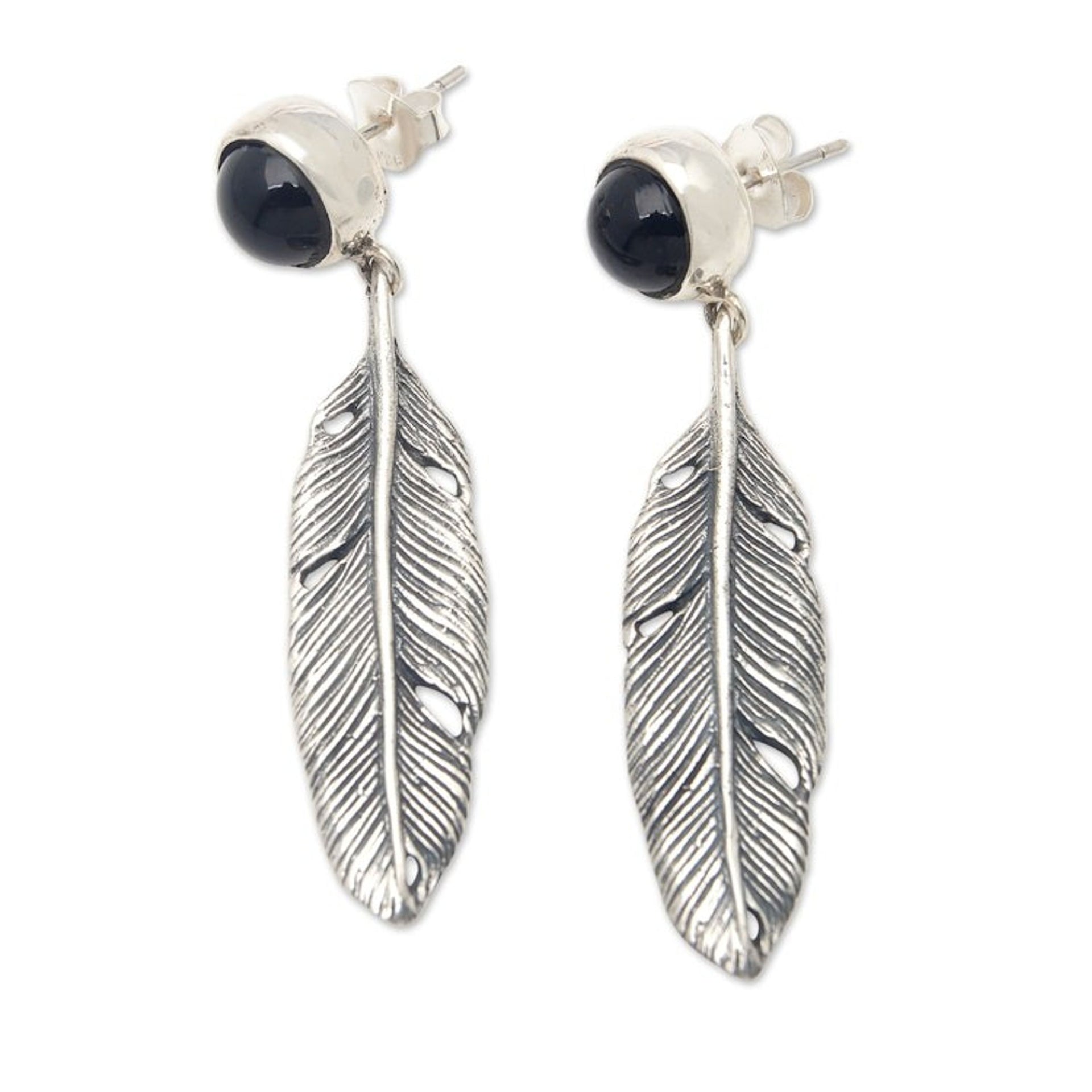 Feather-Themed Dangle Earrings with Onyx Cabochons 'Blessed Feathers'