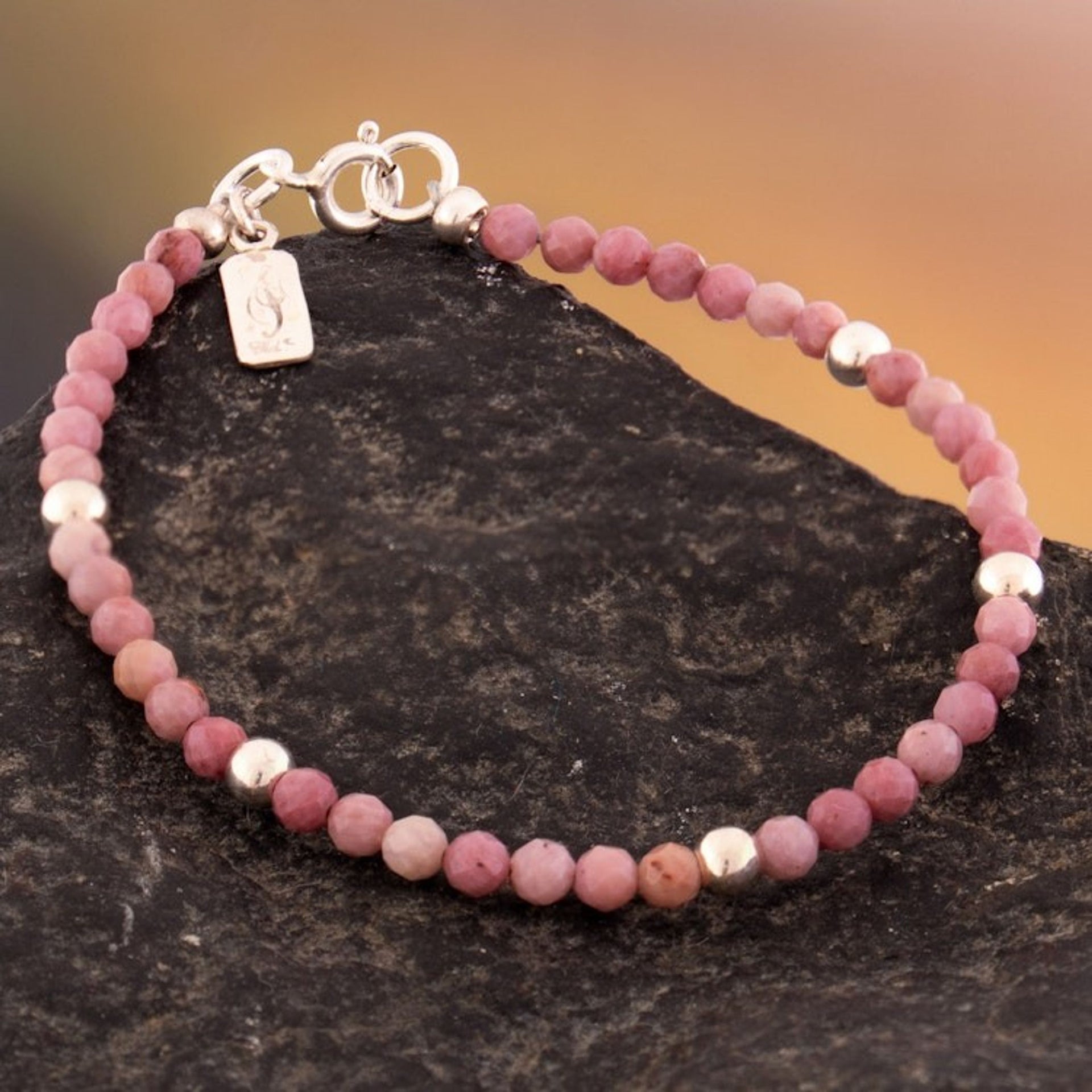 Wristband Bracelet with Rhodonite Stones and Silver Beads 'Mystic Rose'