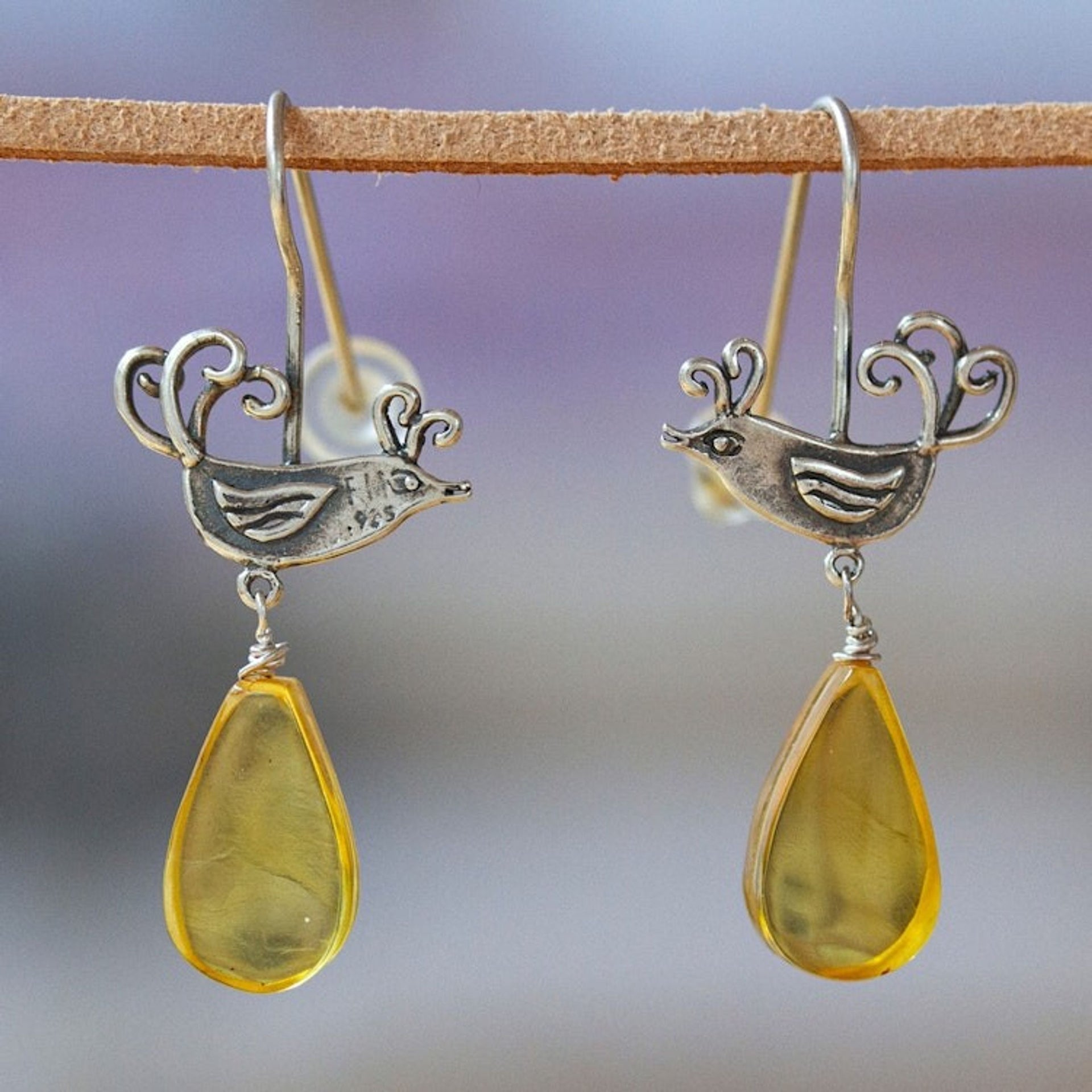 Mexican Sterling Silver Bird Earrings with Amber Droplets 'Flirty Birds'