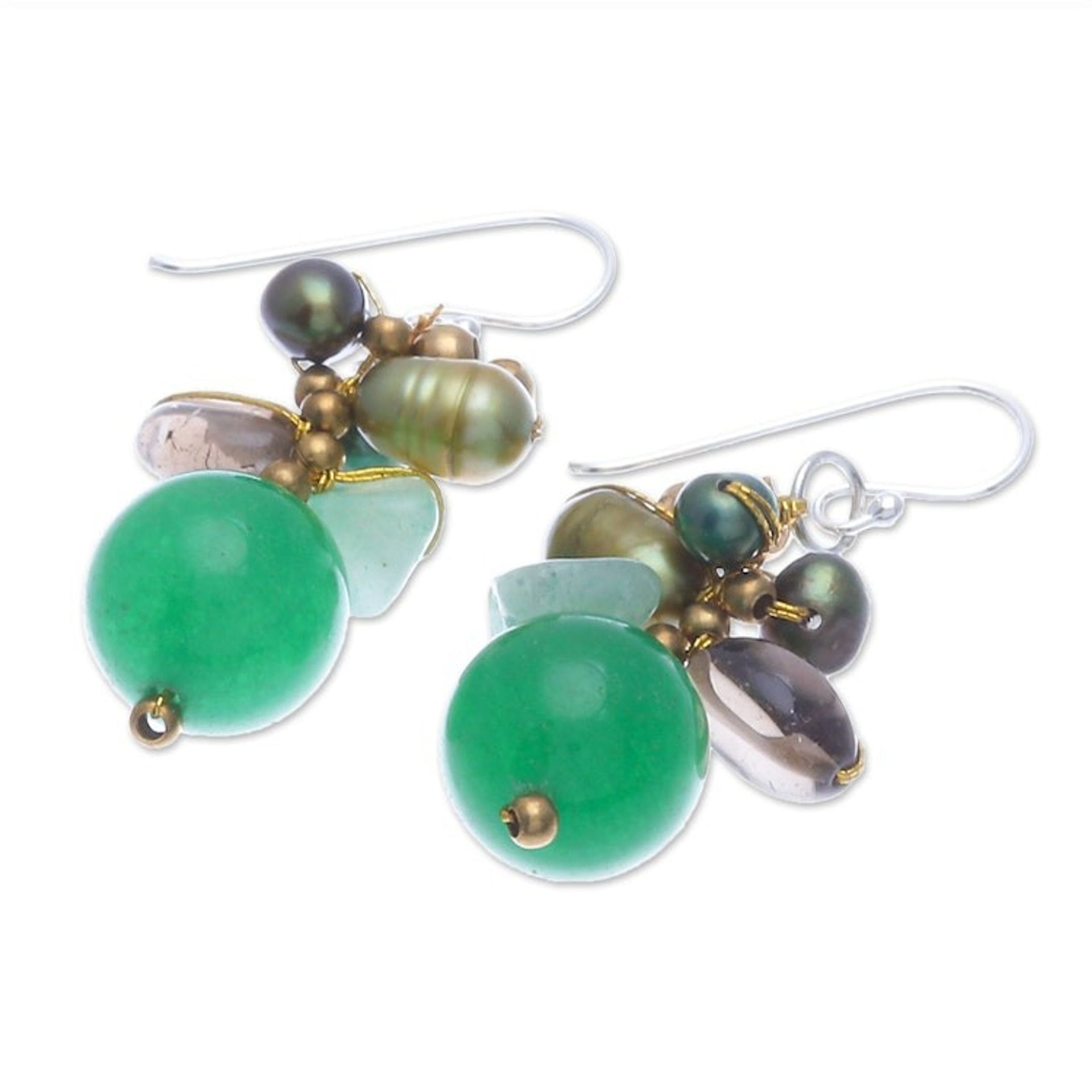 Dangle Earrings with Quartz Cultured Pearl and Smoky Quartz 'Spring Splendor'