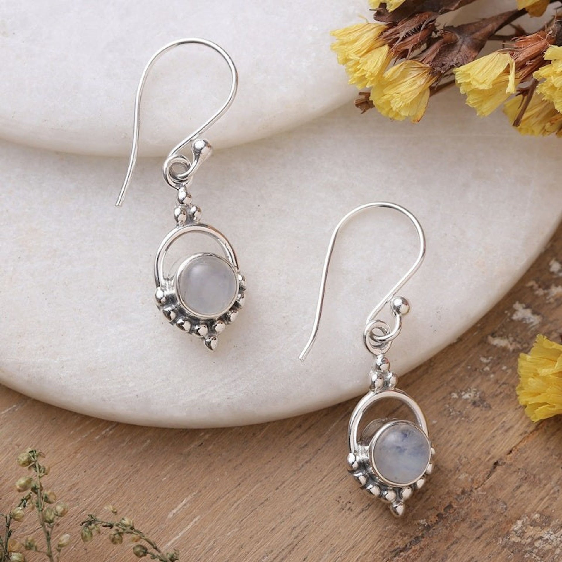 Polished Natural Rainbow Moonstone Dangle Earrings 'Ethereal Allure'