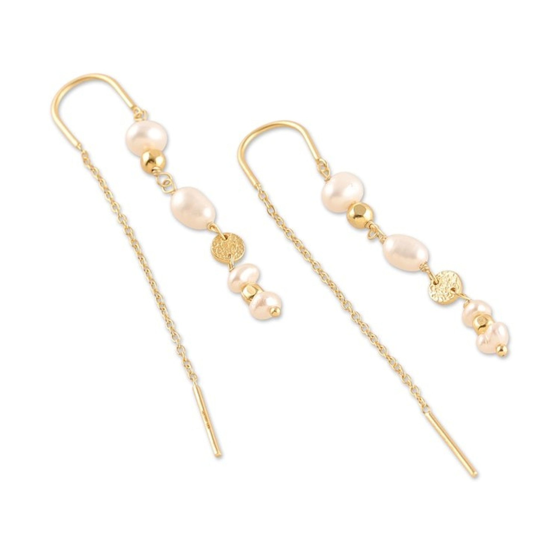 18k Gold-Plated Cream Cultured Pearl Threader Earrings 'Pearly Dance'