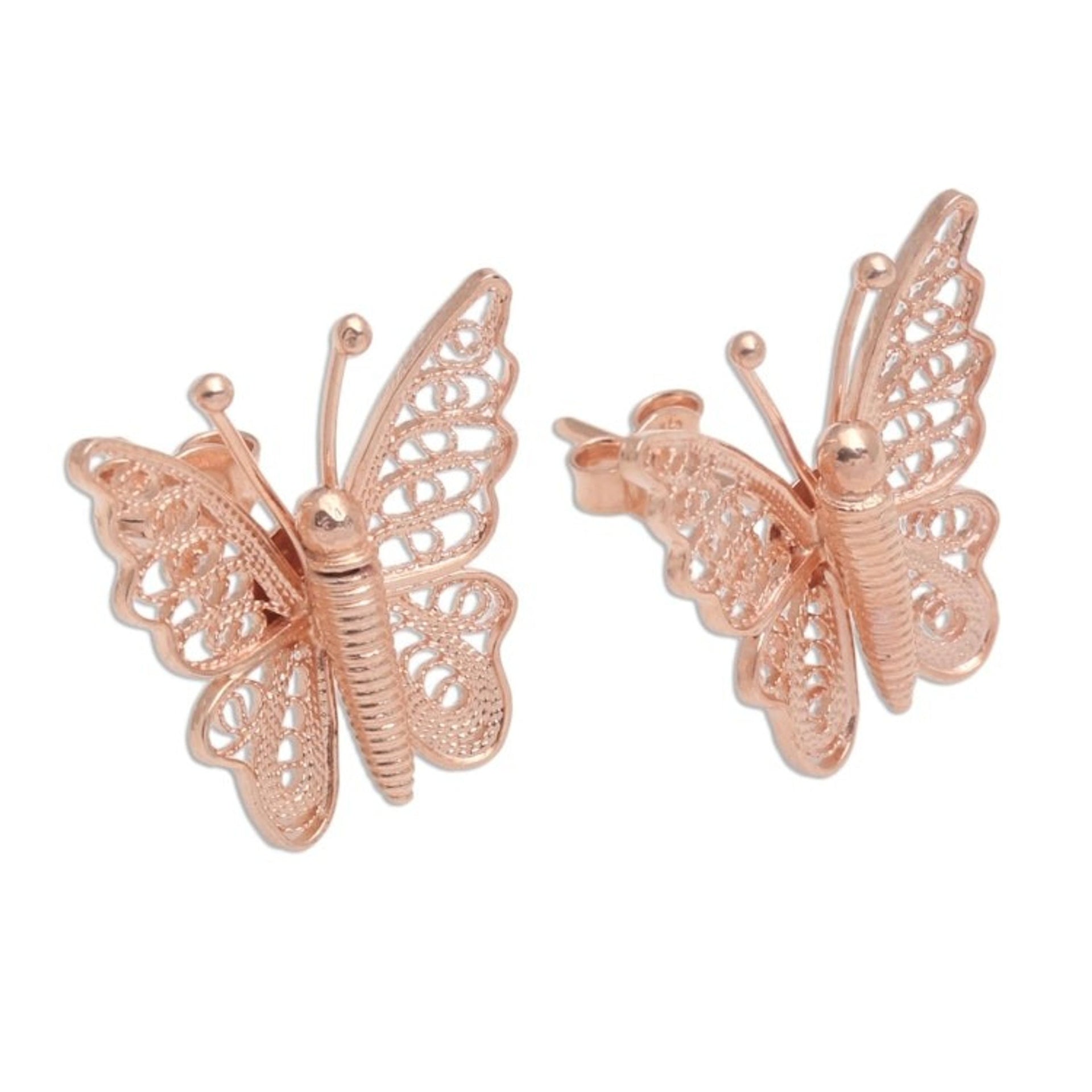Hand Made Rose Gold Plated Butterfly Button Earrings 'Bright Butterflies'
