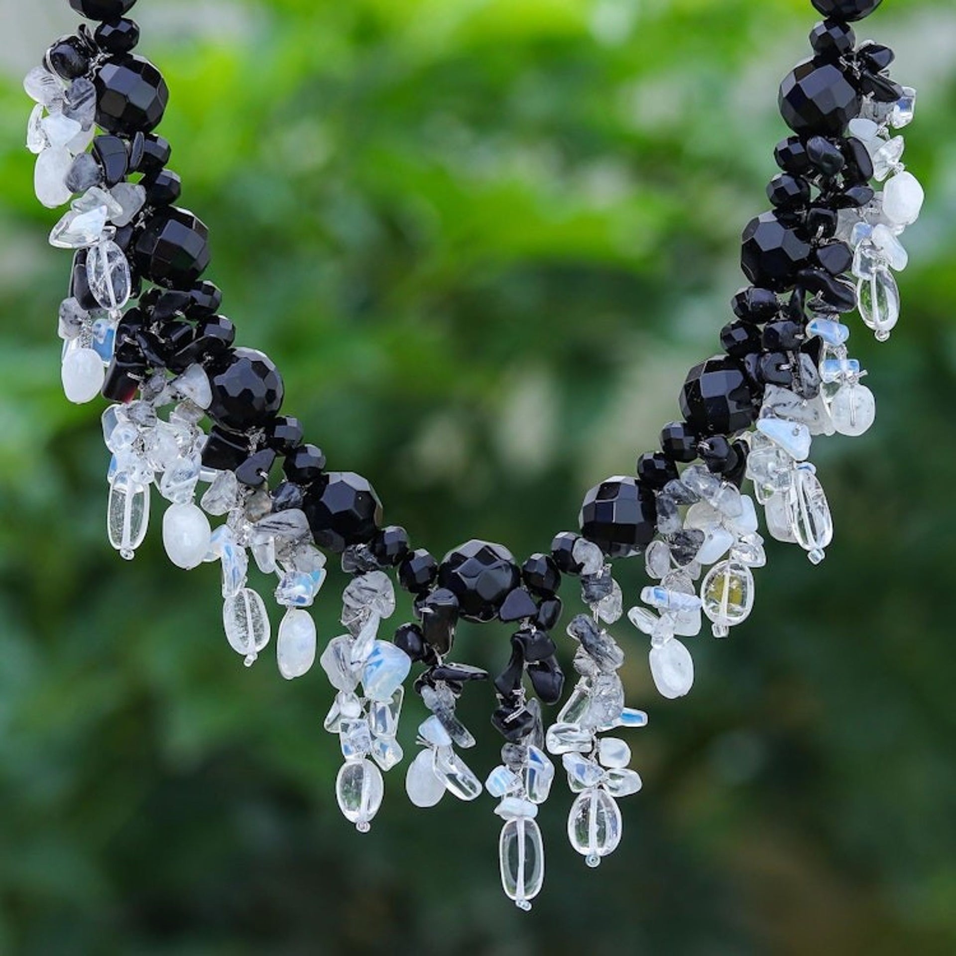 Black and White Multigemstone Beaded Necklace 'Sparkling Night'