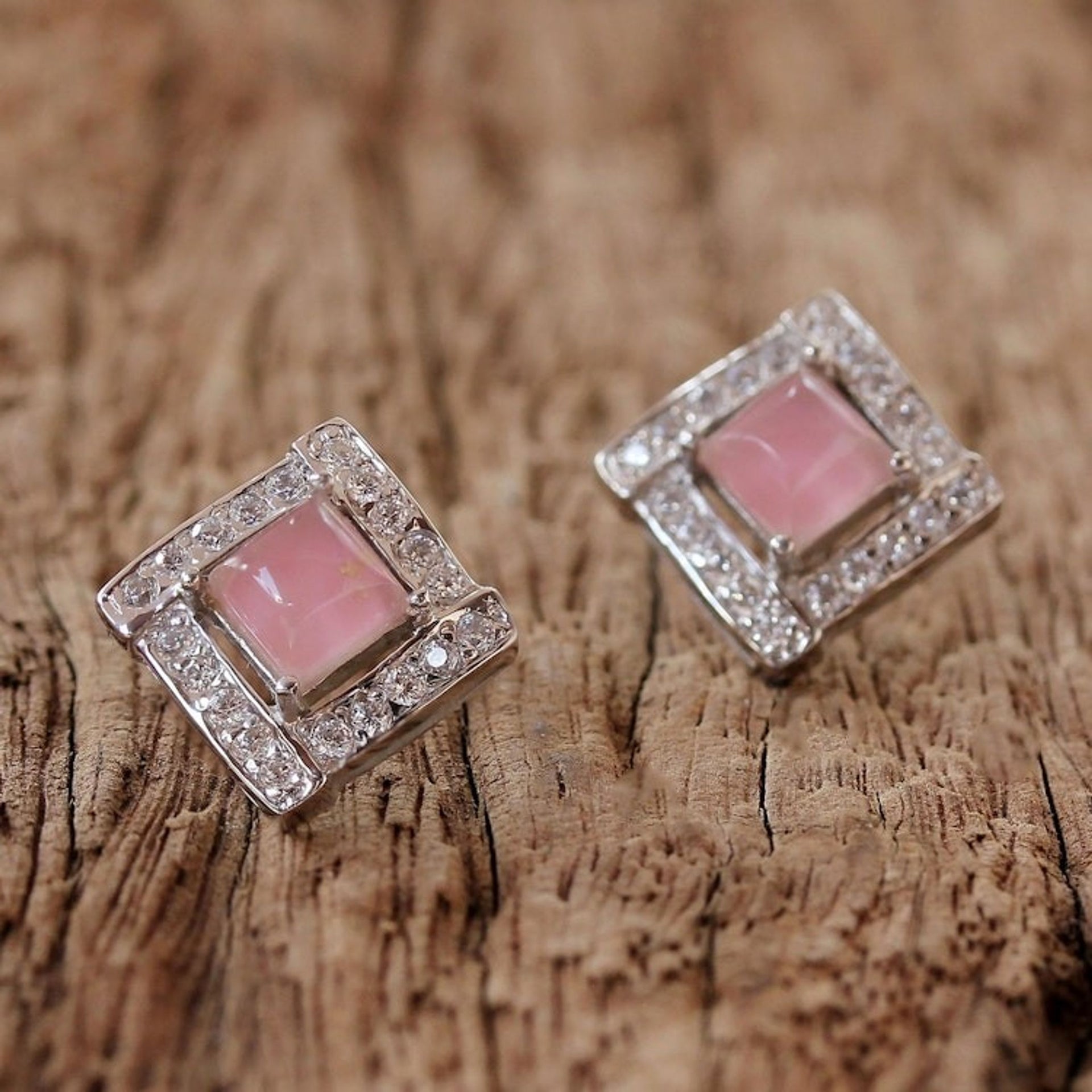 Rhodium Plated Rose Quartz Button Earrings from Thailand 'Pink Squares'