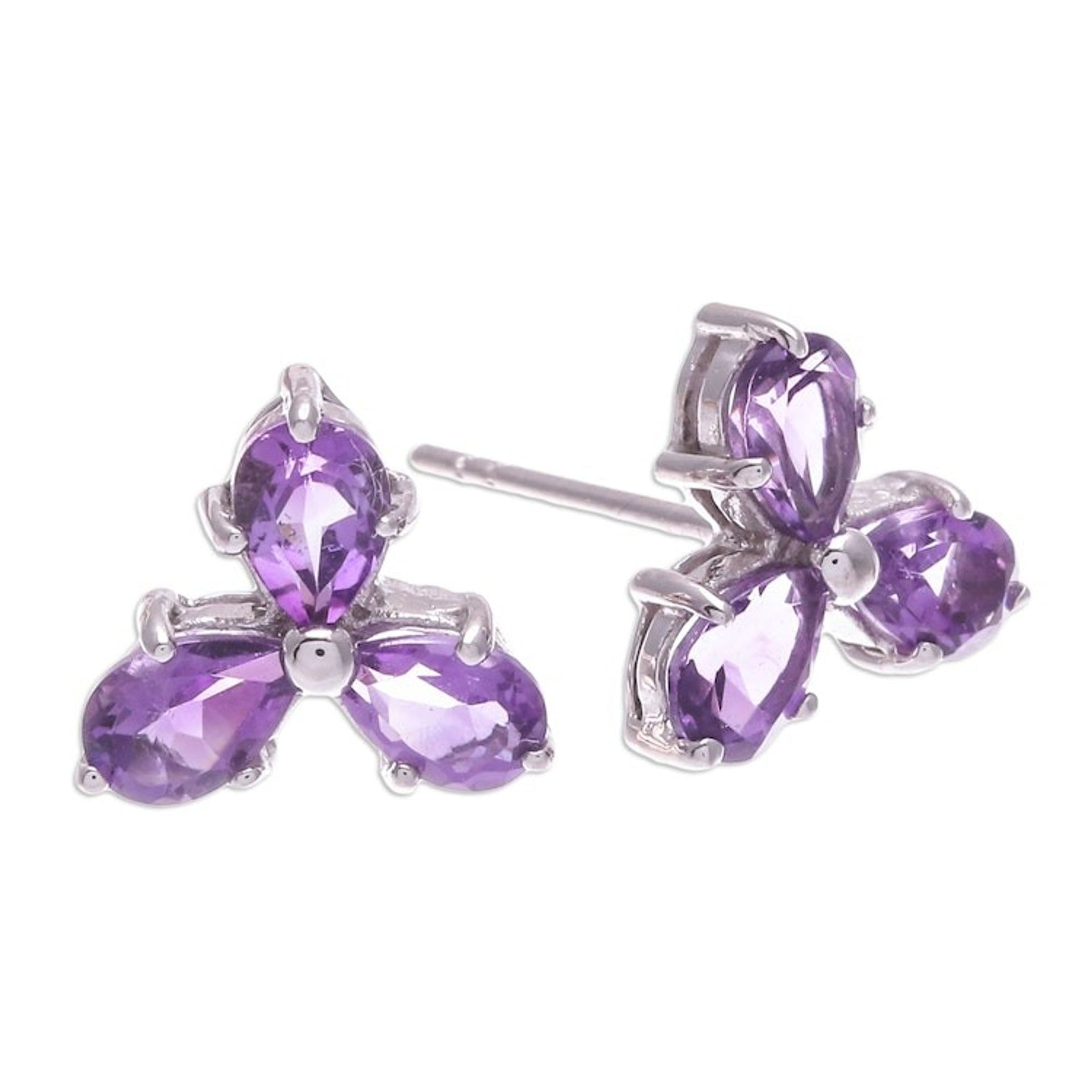 Clover-Themed Button Earrings with Two-Carat Amethyst Gems 'Wisdom Clover'