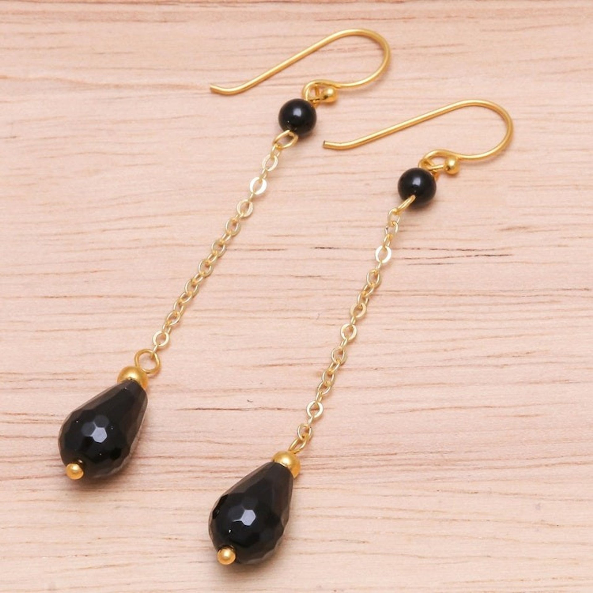 Hand Made Gold-Plated Onyx Dangle Earrings from Thailand 'Night Teardrops'