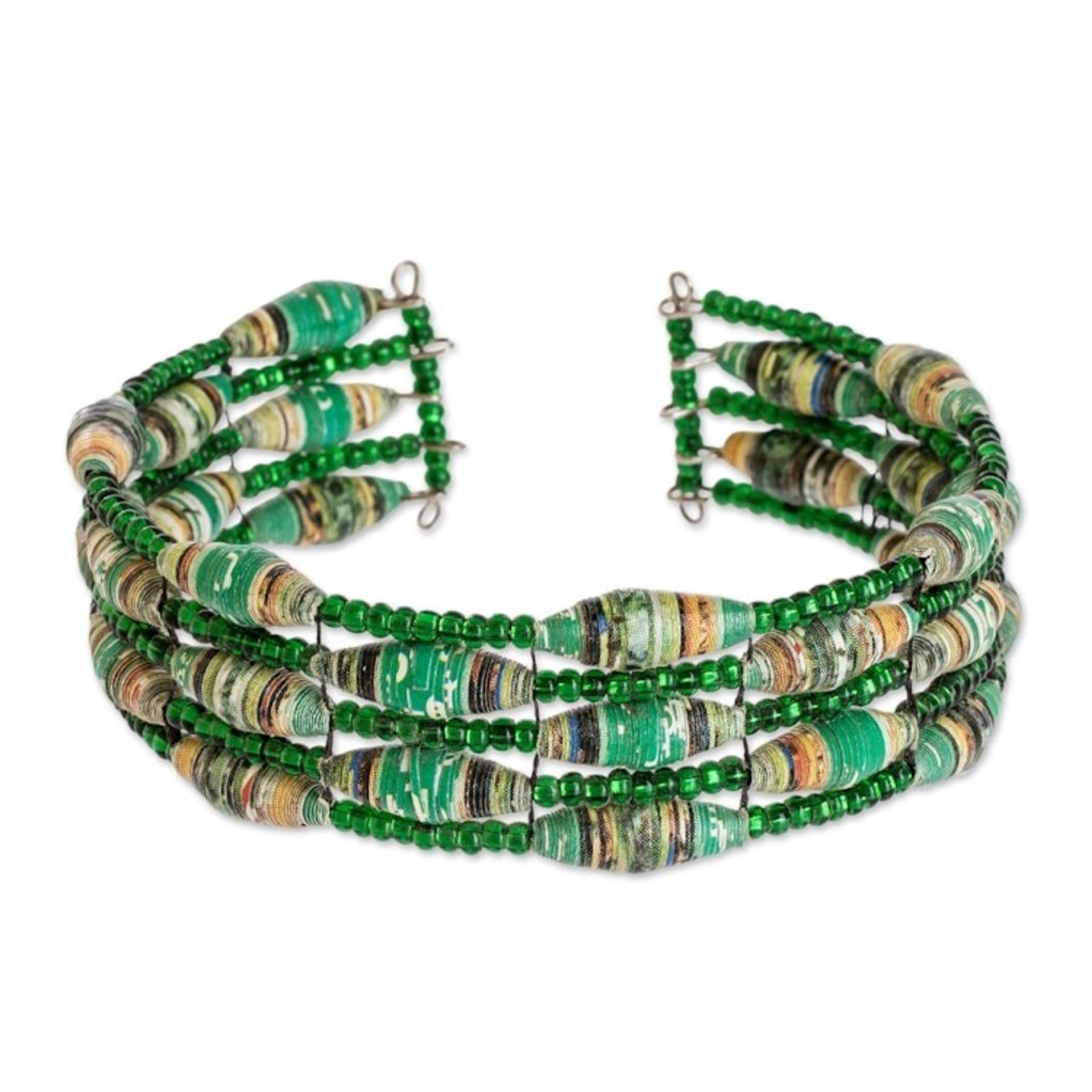 Green Recycled Paper and Glass Bead Bracelet 'Nature of Life in Green'