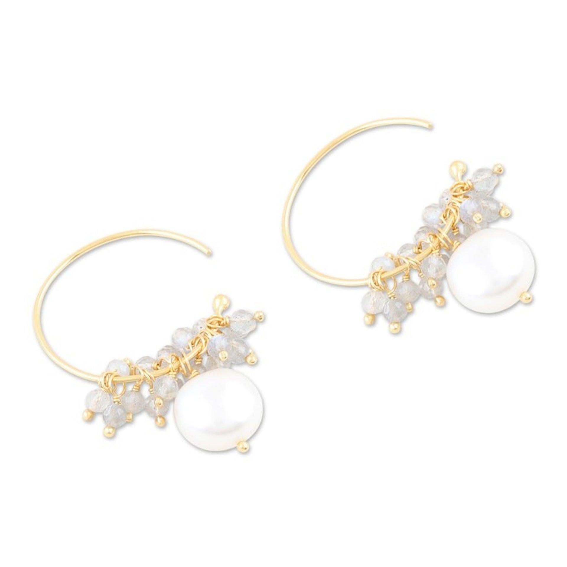 Gold-Plated Pearl and Labradorite Half-Hoop Earrings 'Sumptuous Soiree'