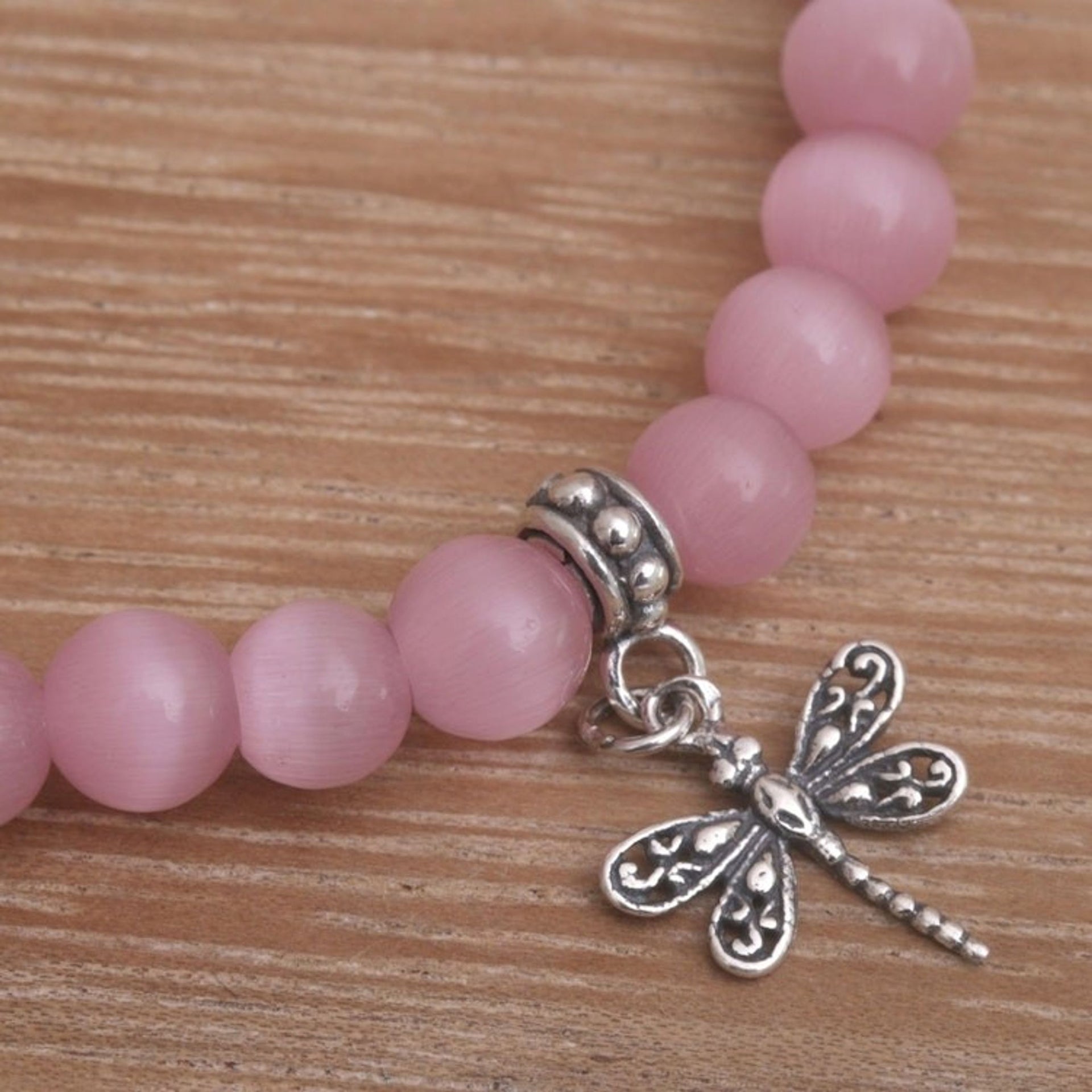 Cat's Eye Beaded Stretch Bracelet with Dragonfly Charms 'Dragonfly Blush'