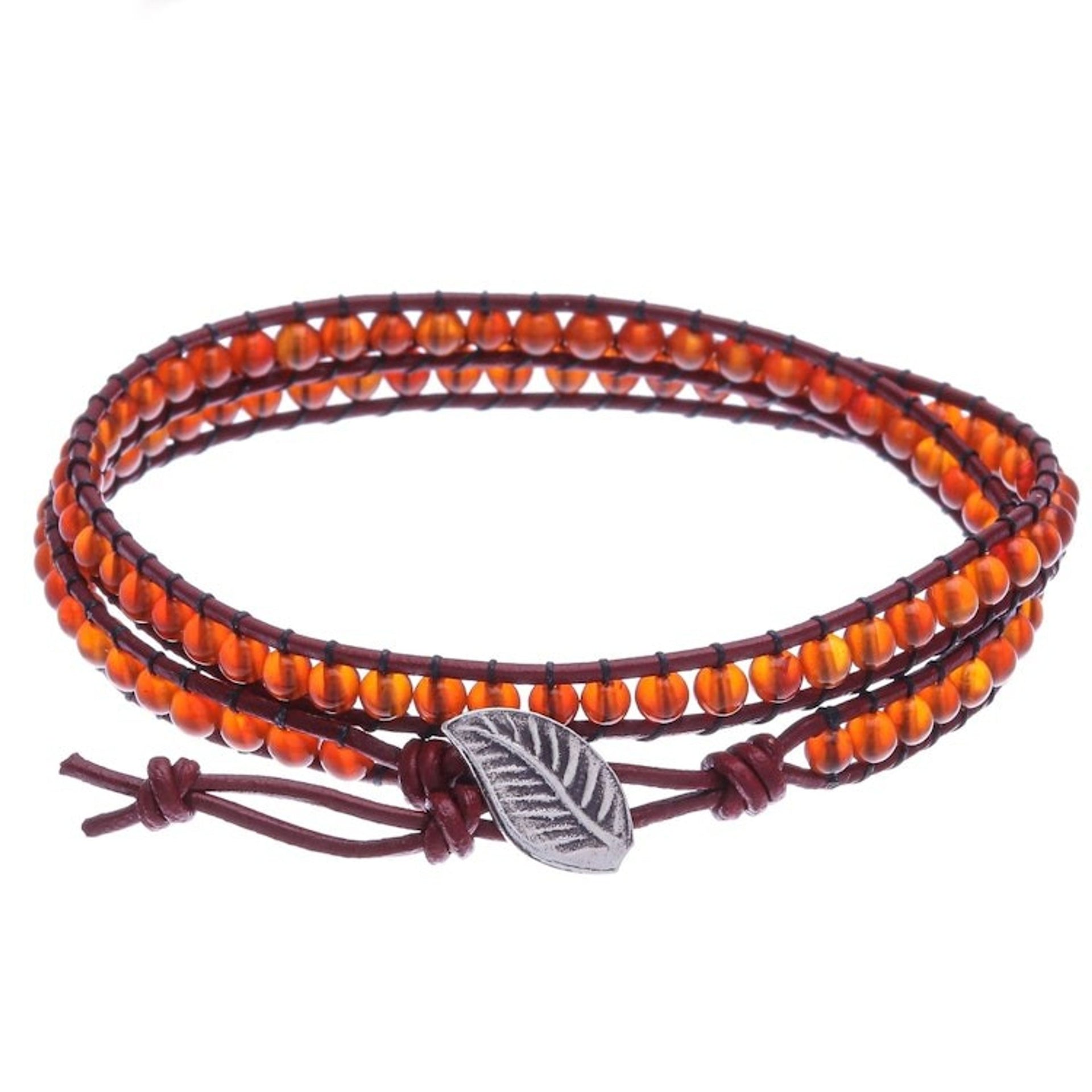 Carnelian and Leather Beaded Wrap Bracelet 'Inner Sunbeam'