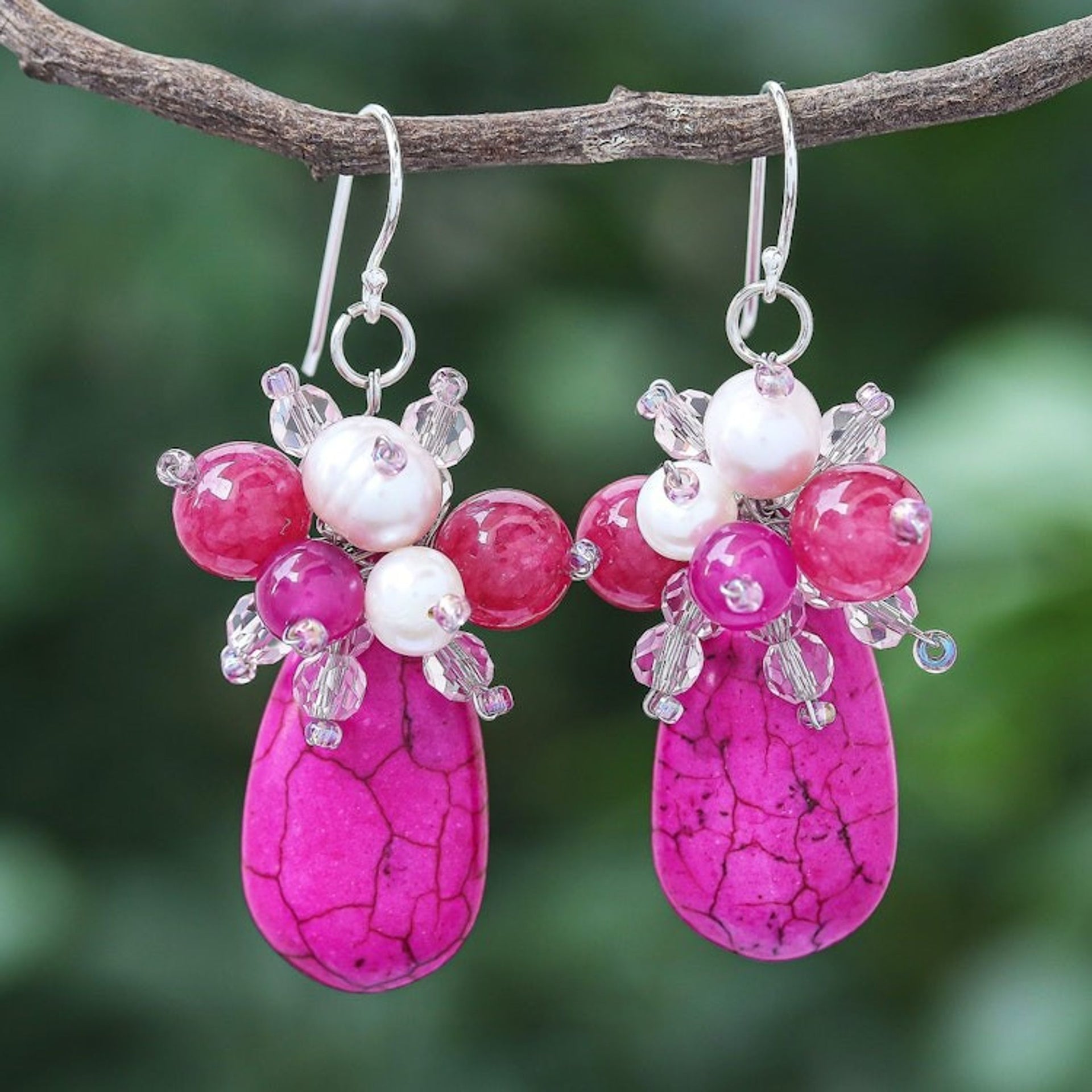 Quartz and Cultured Freshwater Pearl Dangle Earrings 'Space Candy in Pink'