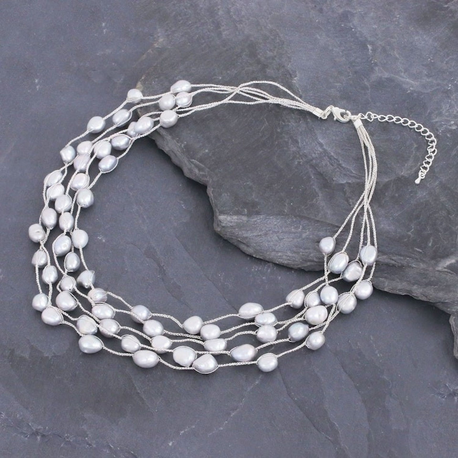 Hand Made Cultured Freshwater Pearl Station Necklace 'Secret Pearl in Light Grey'