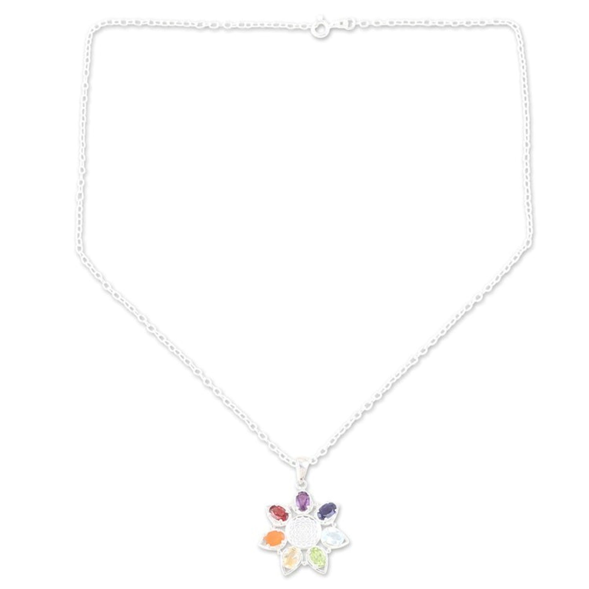 Multi-Gemstone Floral Pendant Necklace from India 'Enlightenment Flower'