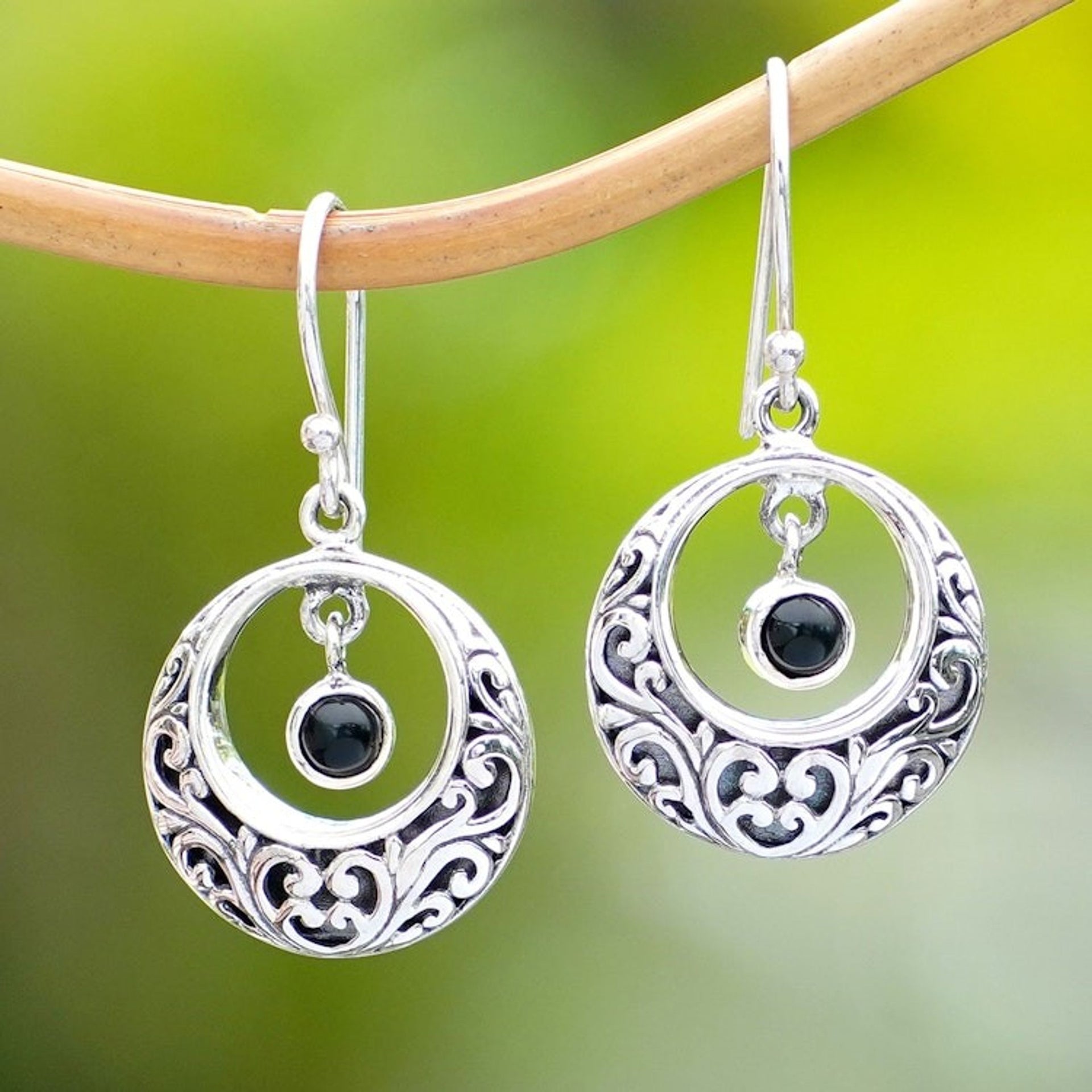 Sterling Silver Dangle Earrings with Swaying Onyx Stone 'Baturiti Garden in Black'
