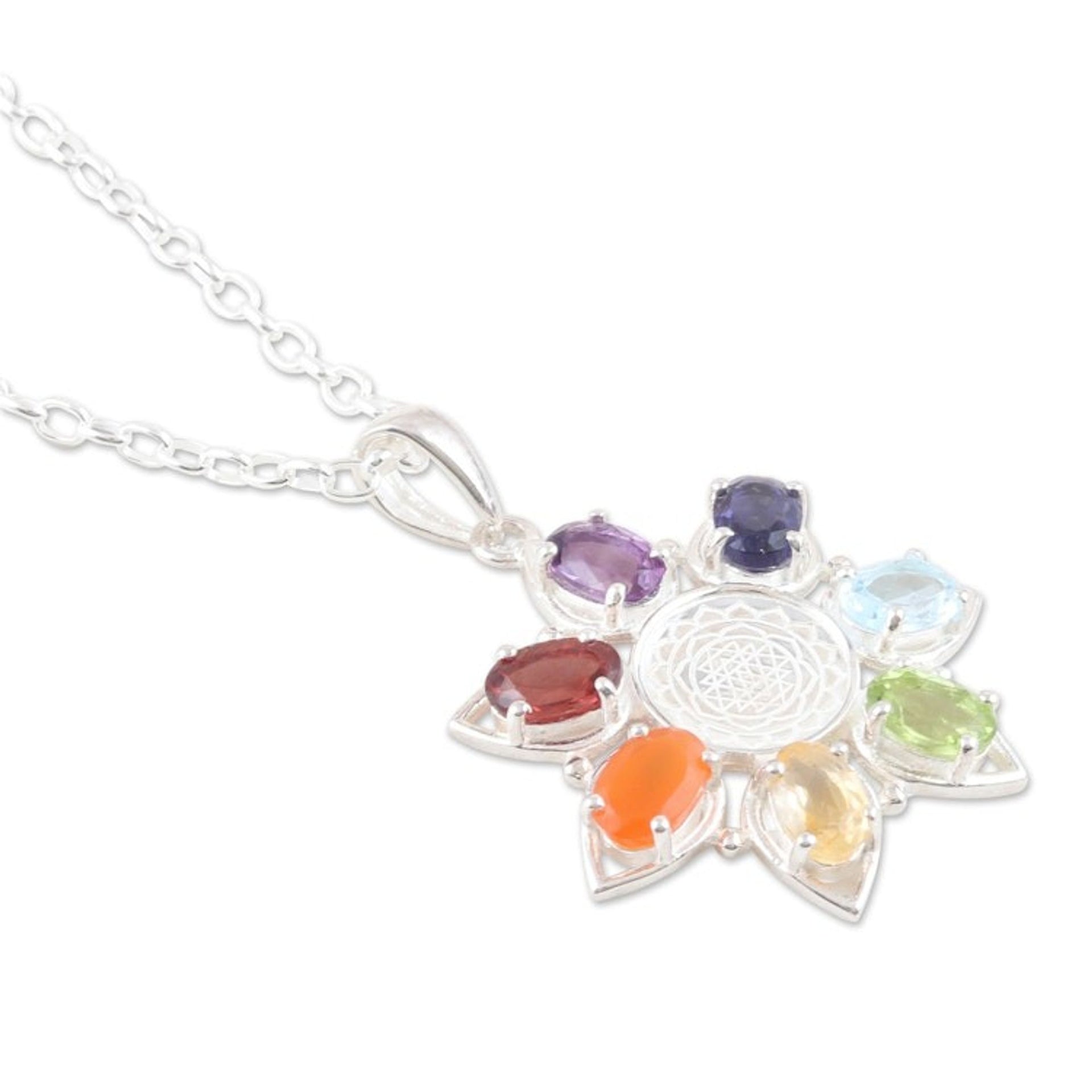 Multi-Gemstone Floral Pendant Necklace from India 'Enlightenment Flower'