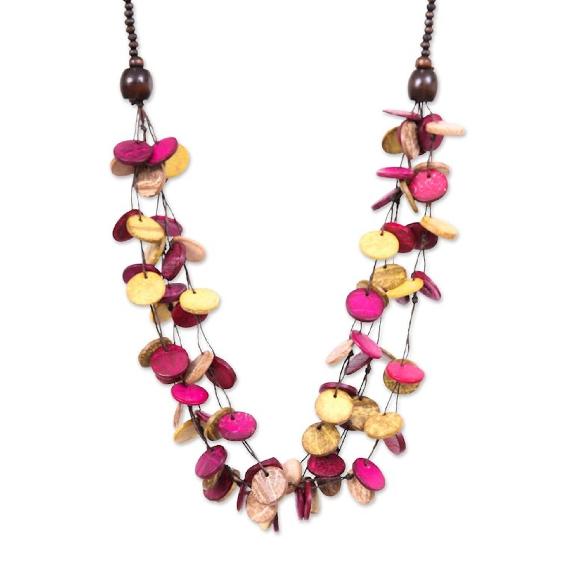Fuchsia and Golden Round Wood Beaded Three-Strand Necklace 'Cycles of Tenderness'