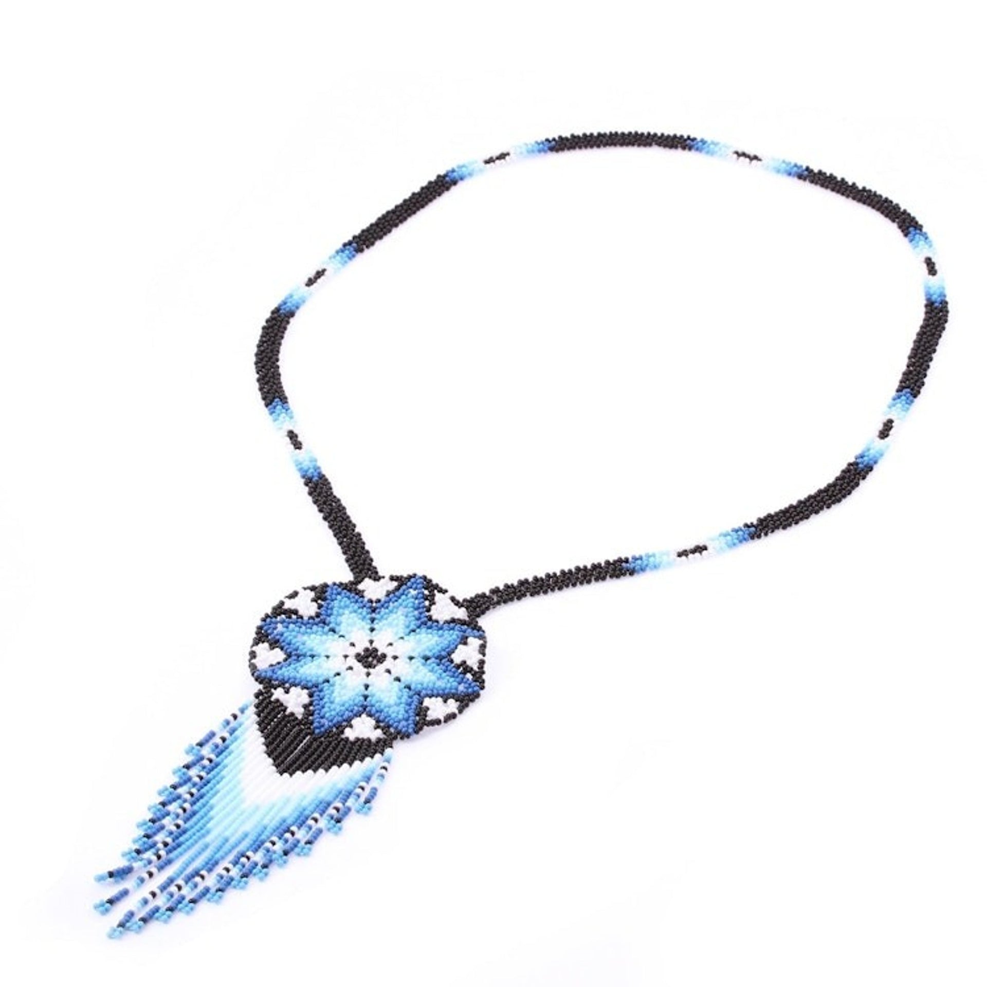 Huichol Glass Beaded Necklace in Blue from Mexico 'Icy Huichol'