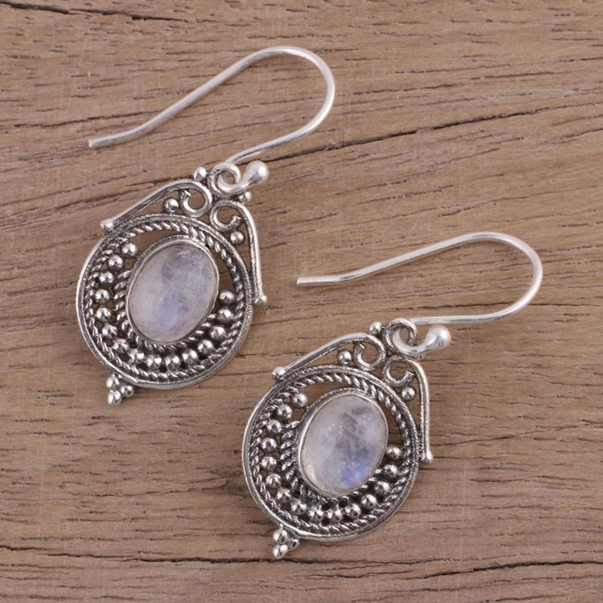 Rainbow Moonstone and Sterling Silver Earrings from India 'Majestic Circles'