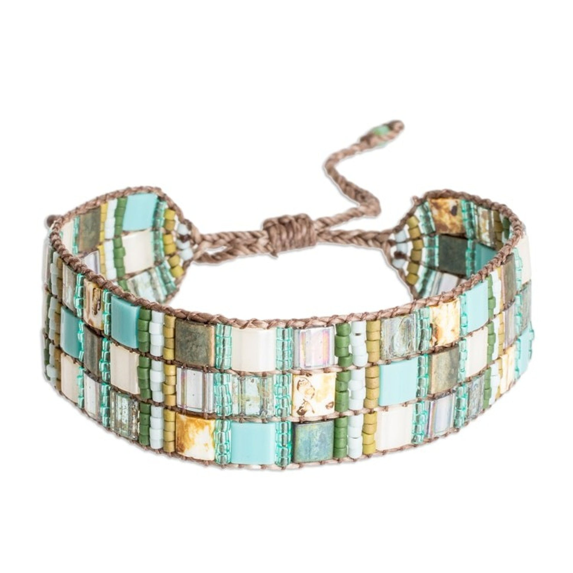 Adjustable Green Aqua Mosaic Glass Beaded Wristband Bracelet 'Magical Mosaic'