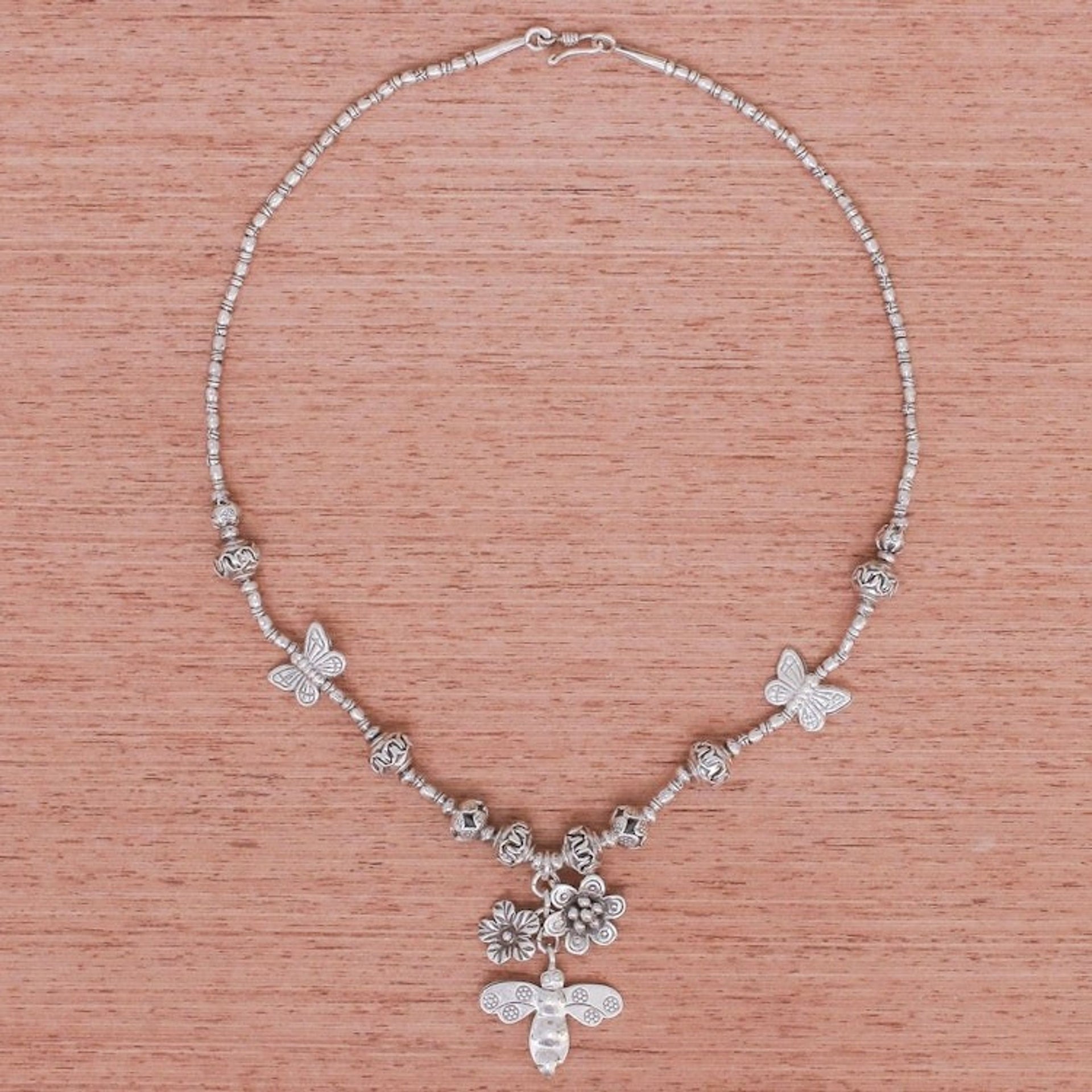 950 Silver Pendant Necklace Bee and Flower Themed 'Bee Irresistible'