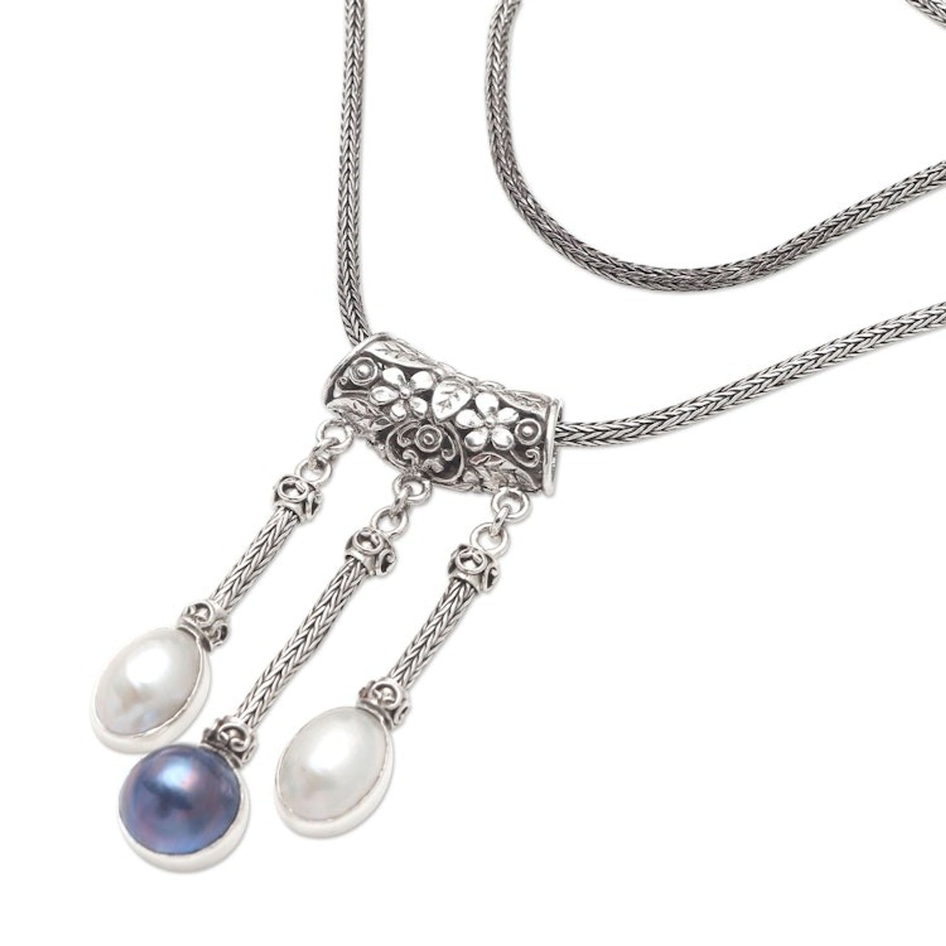 Cultured Mabe Pearl and Sterling Silver Pendant Necklace 'Three Defenders'