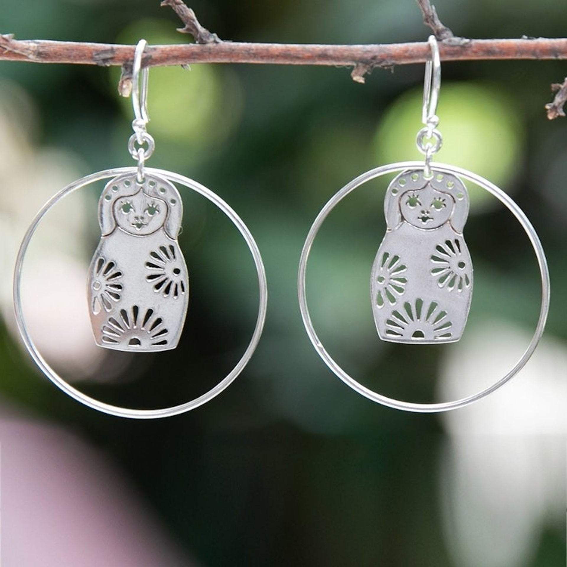 Doll-Themed Whimsical Sterling Silver Dangle Earrings 'Snowy Dolly'