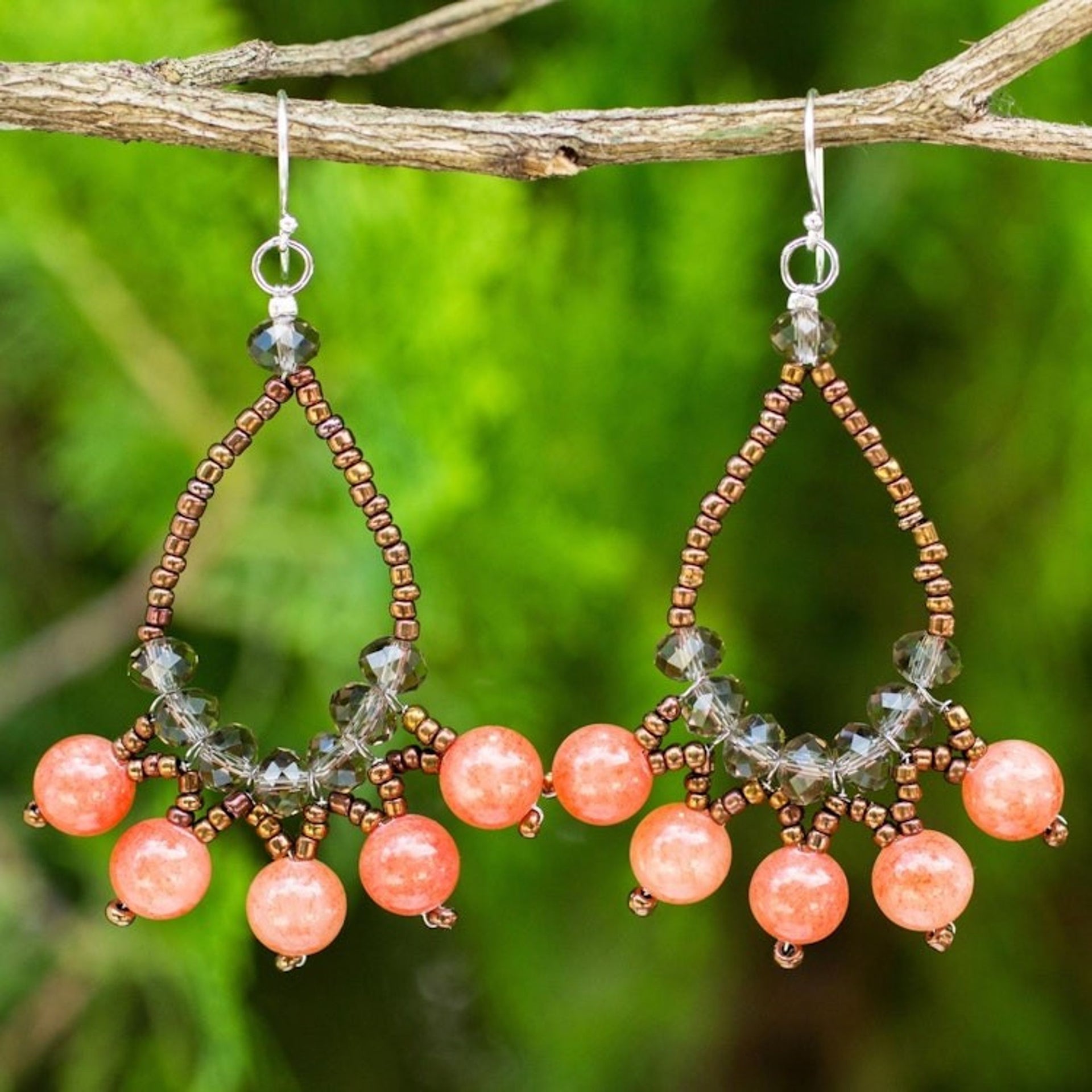 Artisan Crafted Brown Orange Beaded Earrings 'Orange Harmony'
