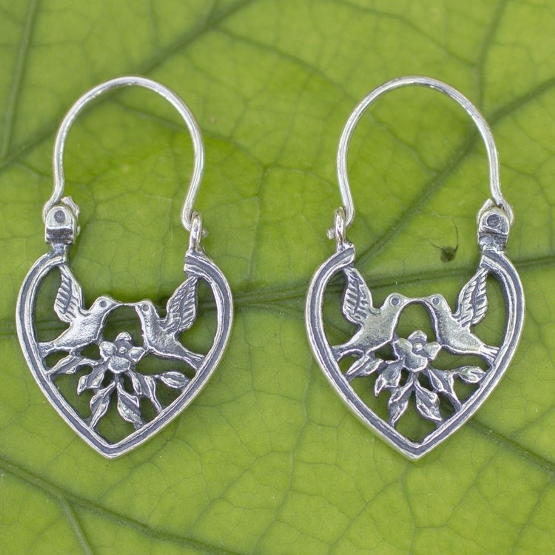 Heart Shaped Silver Hoop Earrings with Birds and Flowers 'Love on the Wing'