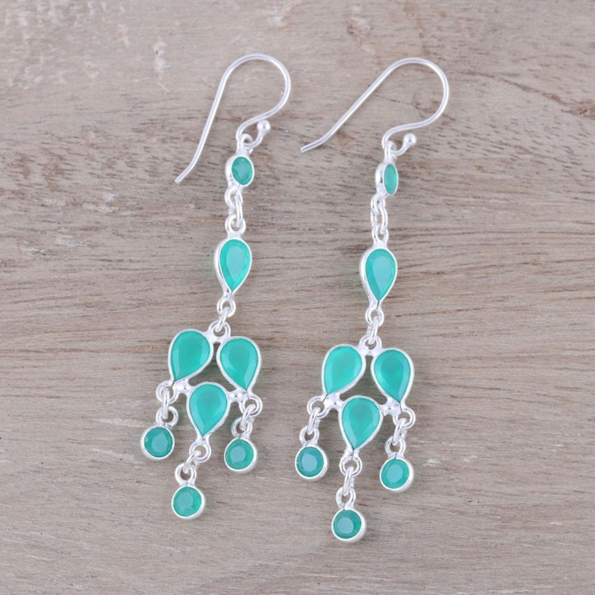 Sterling Silver and Green Onyx Chandelier Earrings 'Leafy Adornment'