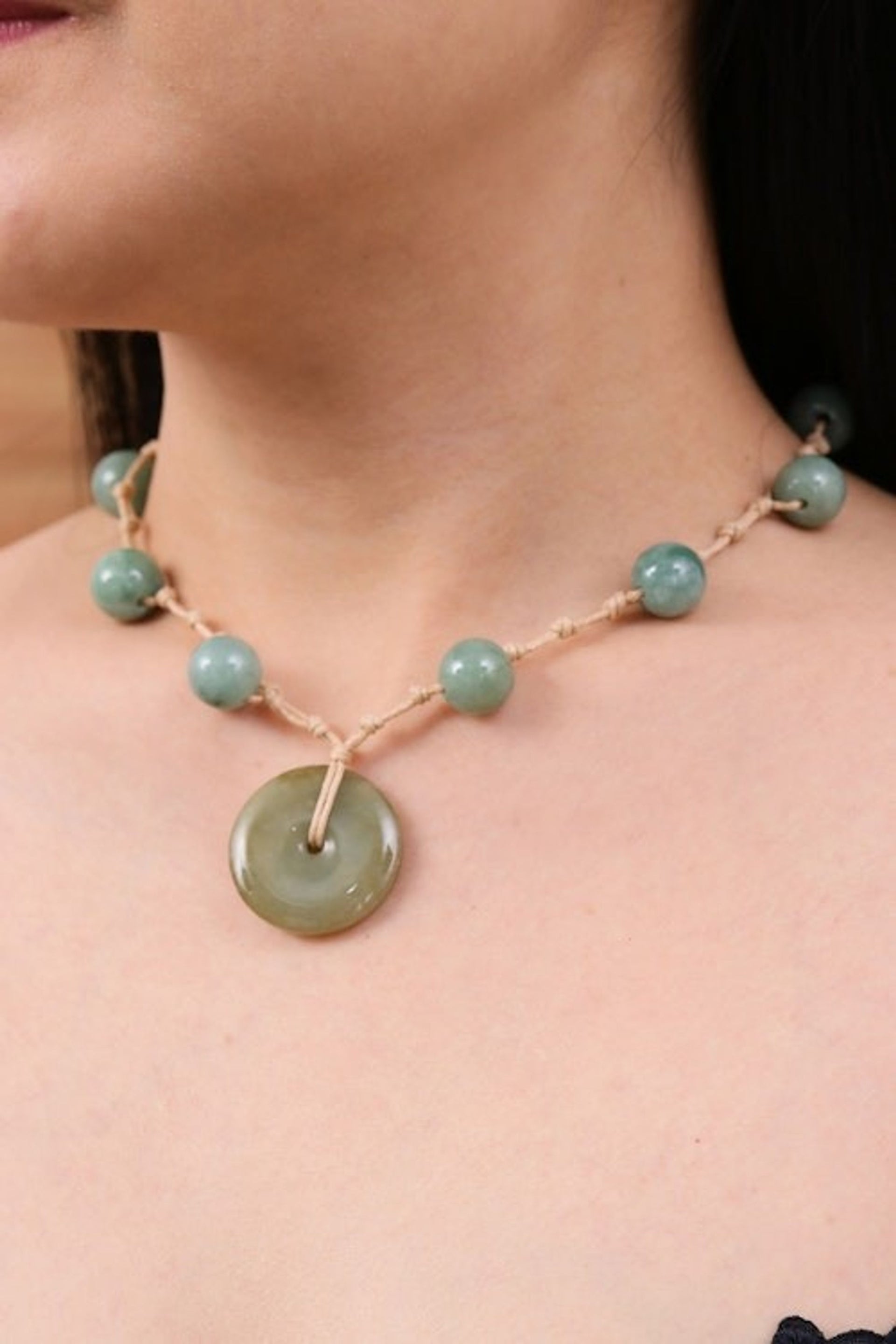 Jade Pendant Necklace on Knotted Cords from Thailand 'Natural Spirit'