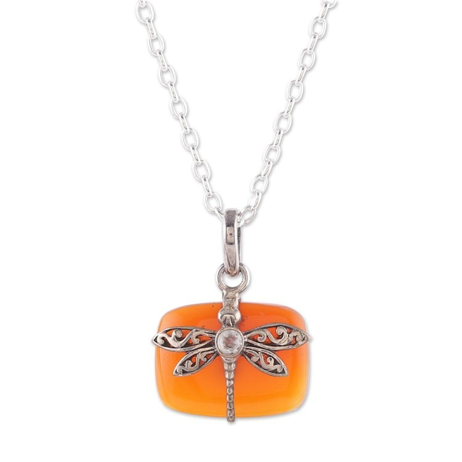 Natural Carnelian Dragonfly Pendant Necklace with Quartz Gem 'Courageous Flutter'
