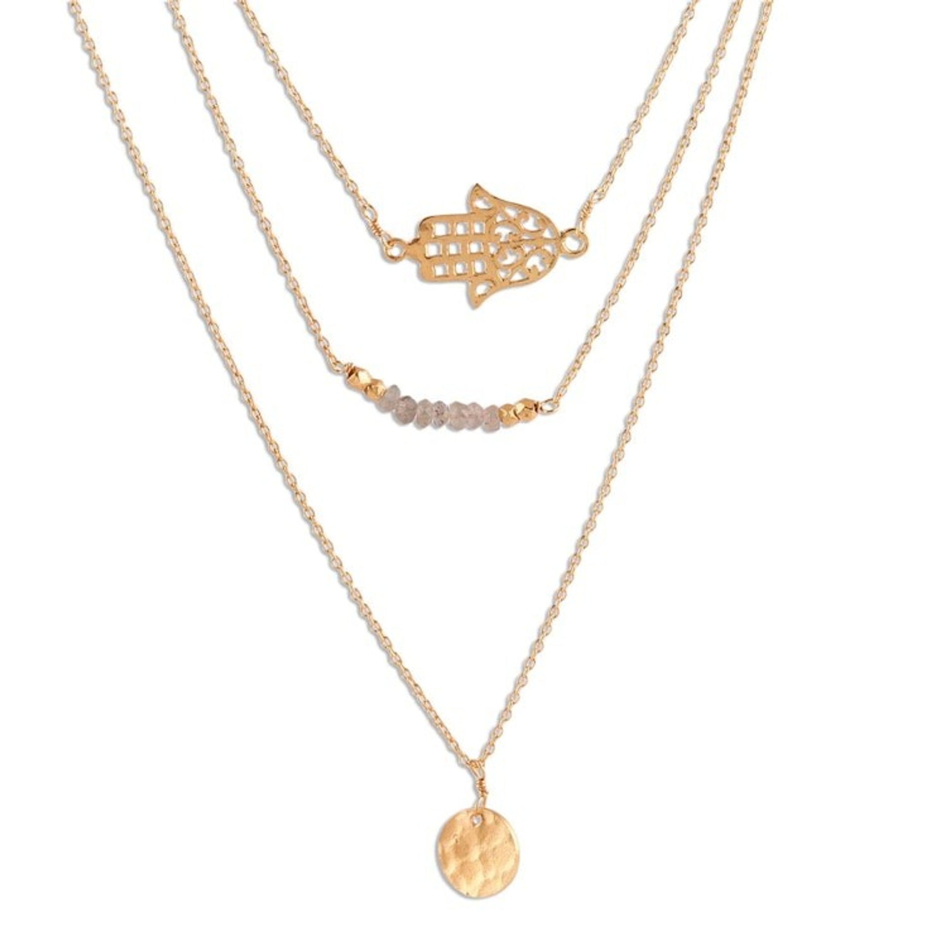 Gold Plated Labradorite Hamsa Pendant Necklace from India 'Hamsa Protection'