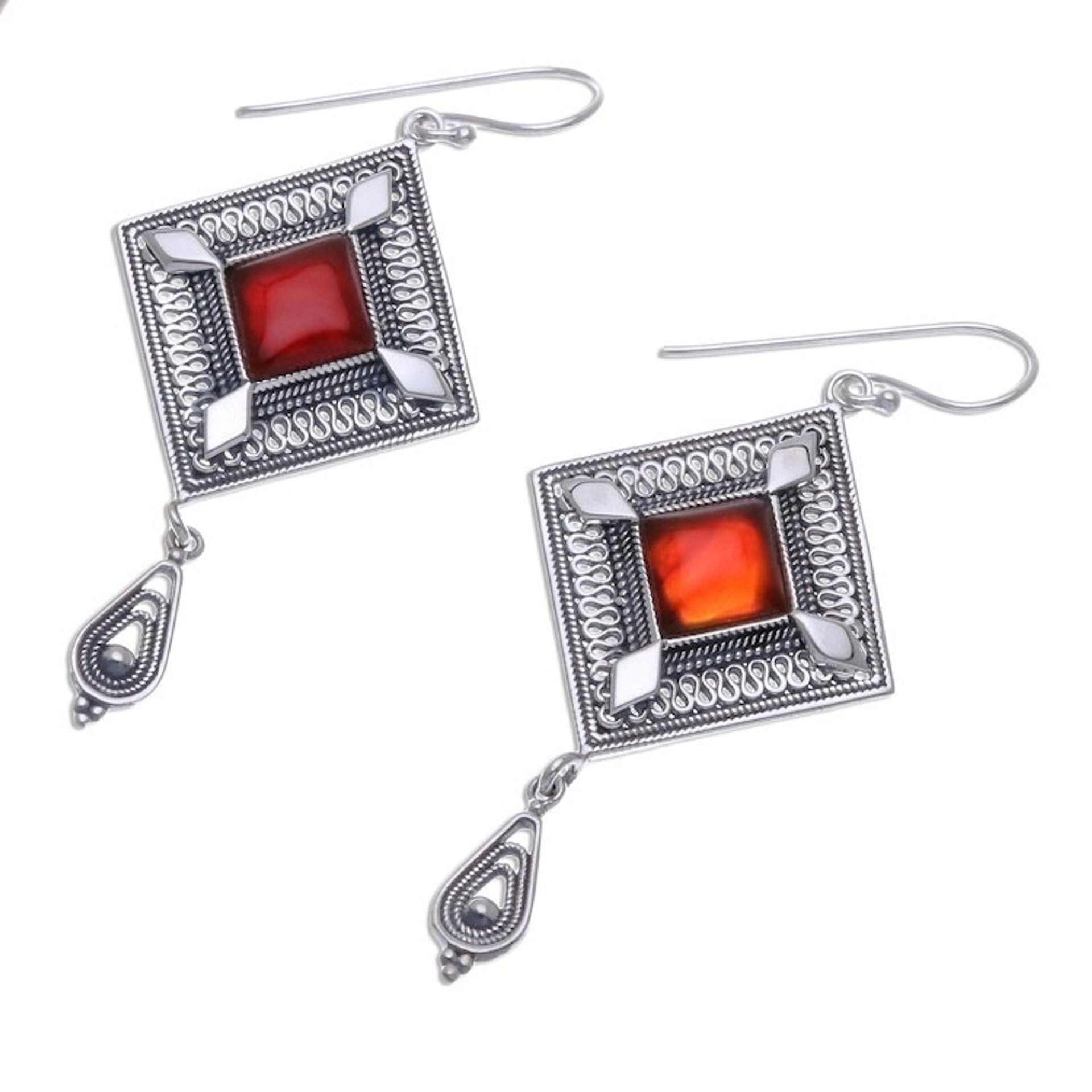 Diamond Shapes Sterling Silver and Carnelian Dangle Earrings 'Silver Diamonds'