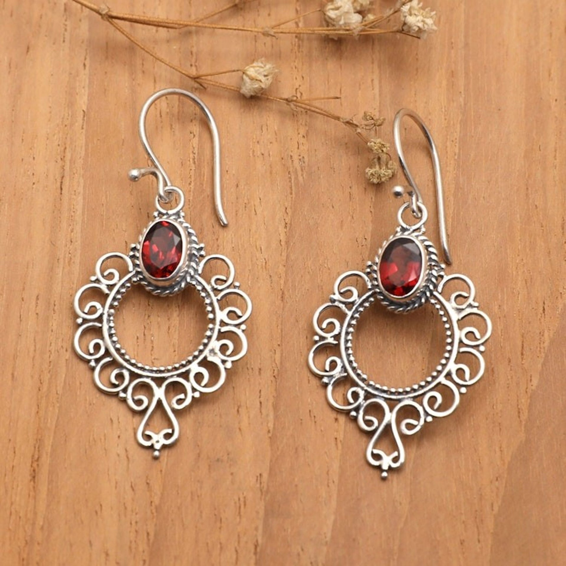 Swirling Sterling Silver Dangle Earrings with Garnet Gems 'Passionate Morning Flowers'