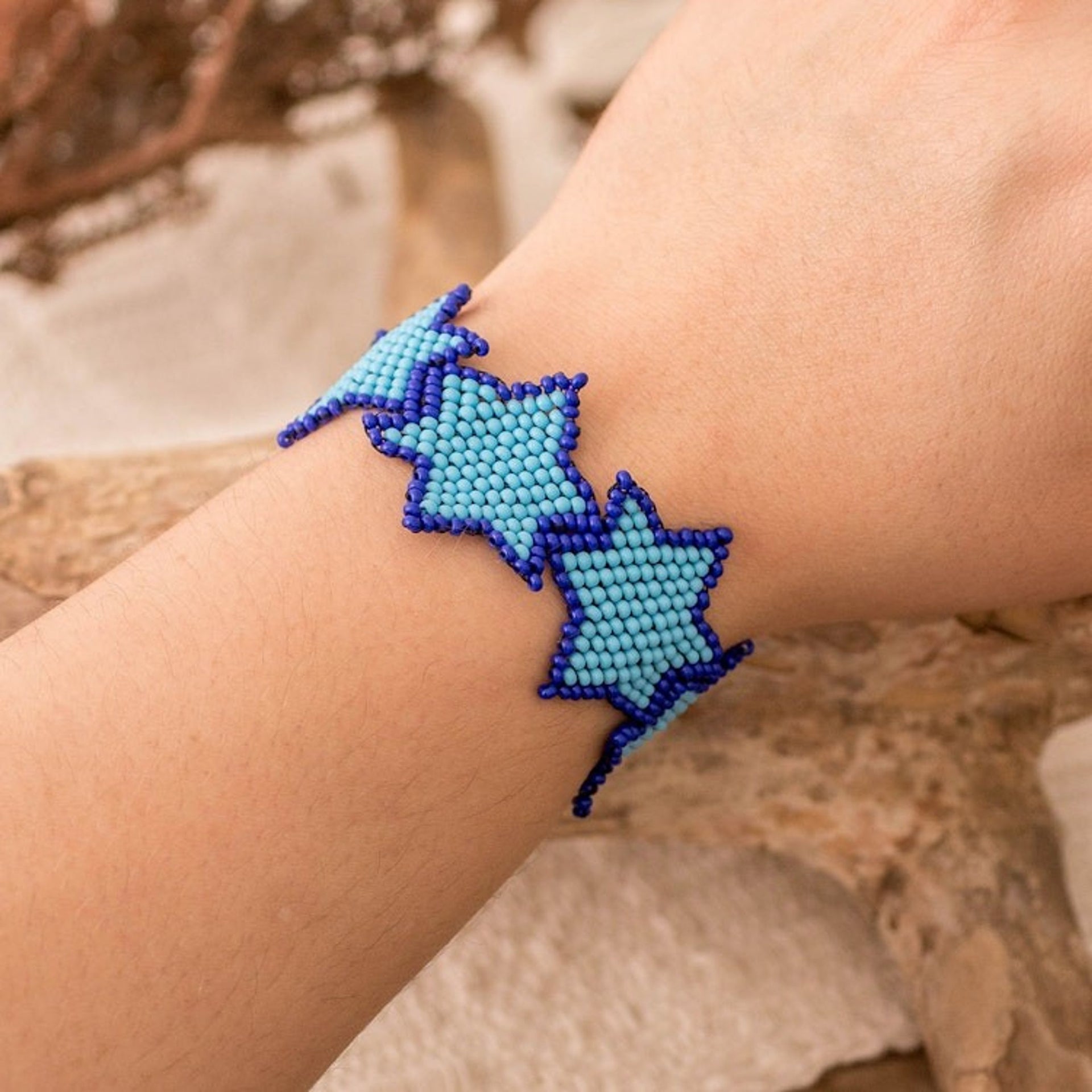 Star-Themed Handmade Beaded Wristband Bracelet in Blue Hues 'Azure Starlight'