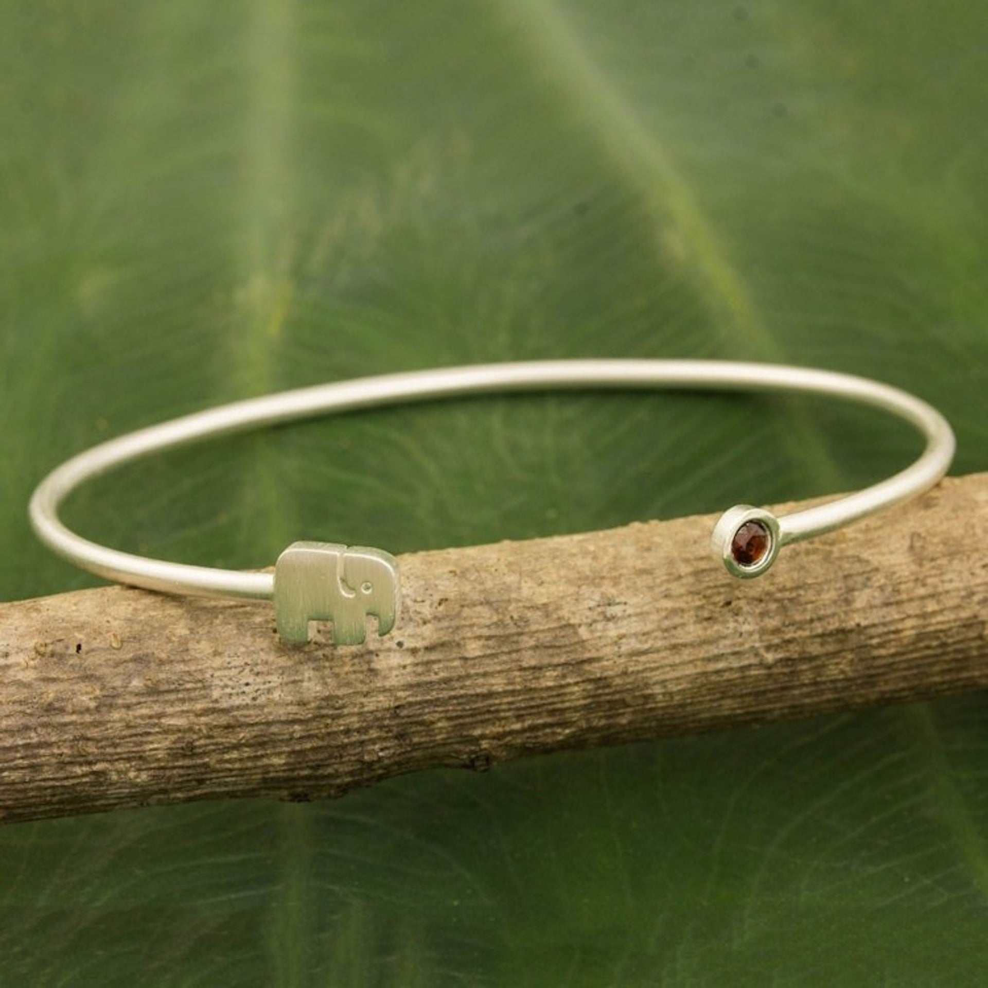 Artisan Crafted Garnet and Sterling Silver Cuff Bracelet 'Elephant Smile'