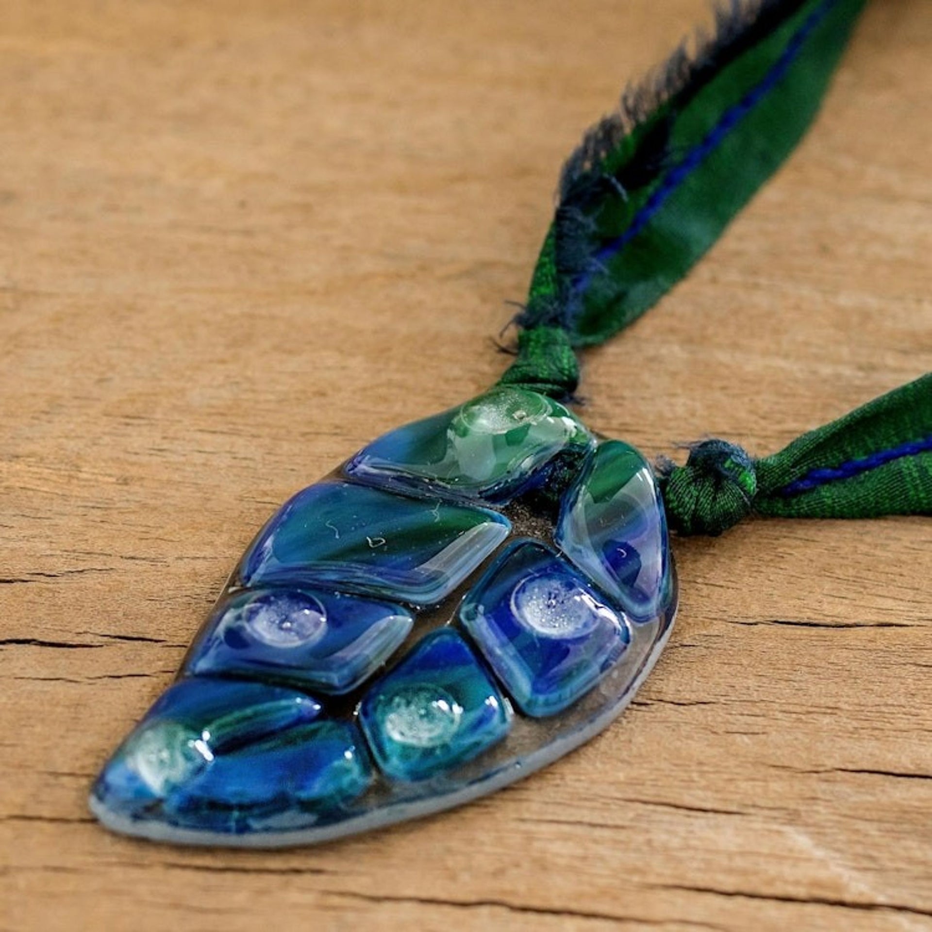 Dark Blue Glass Leaf Pendant Necklace with Ribbon 'Blue Rain Forest Drop'