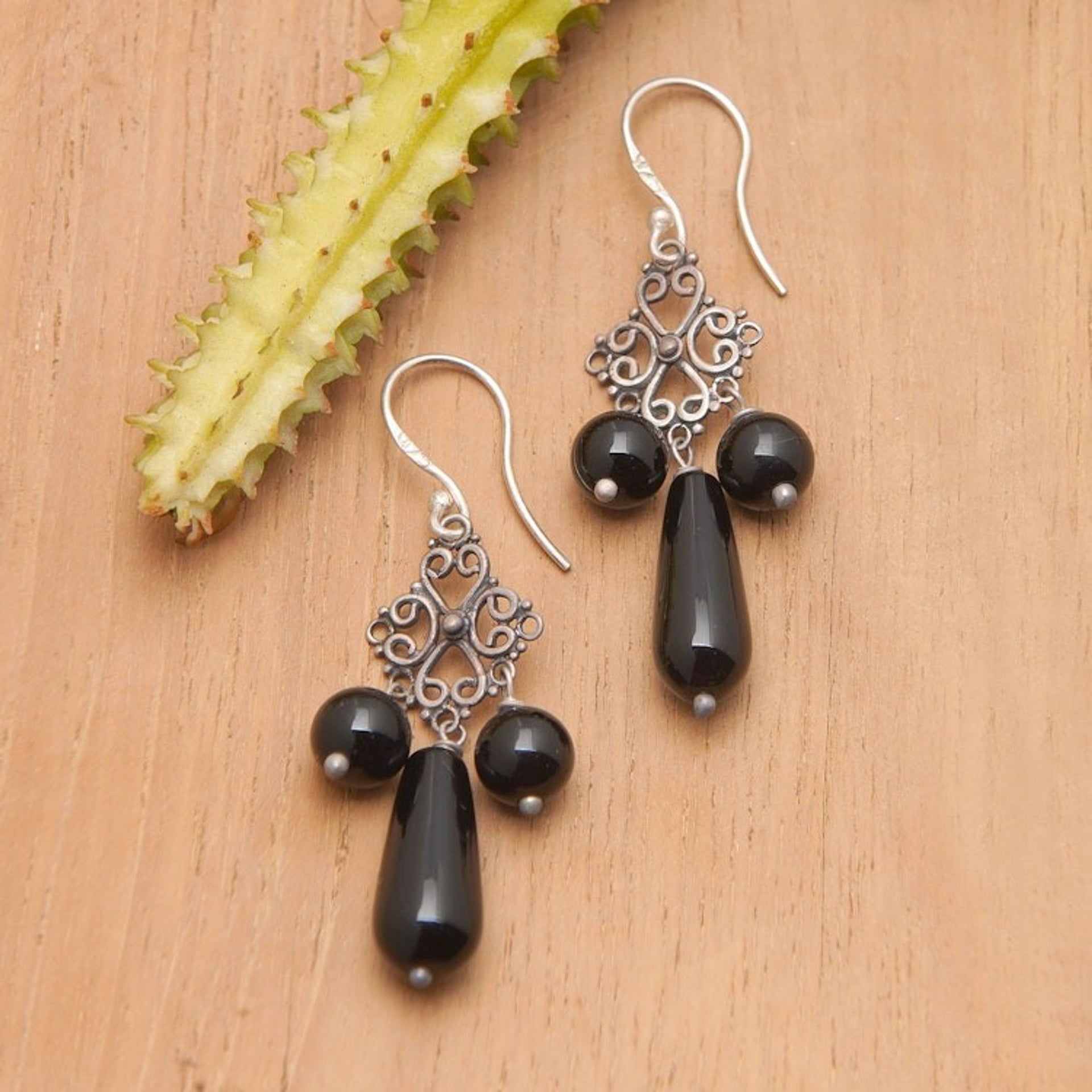 Onyx and Sterling Silver Chandelier Earrings from Indonesia 'Black Droplets'