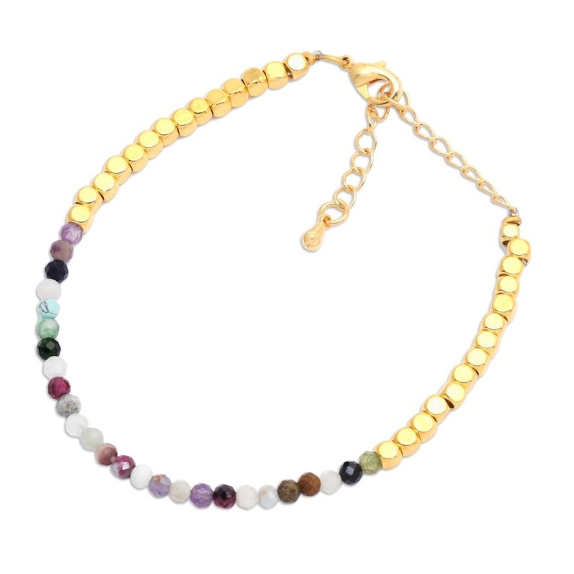 18k Gold-Plated Brass and Fluorite Beaded Bracelet from Bali 'Paradise Rainbow'
