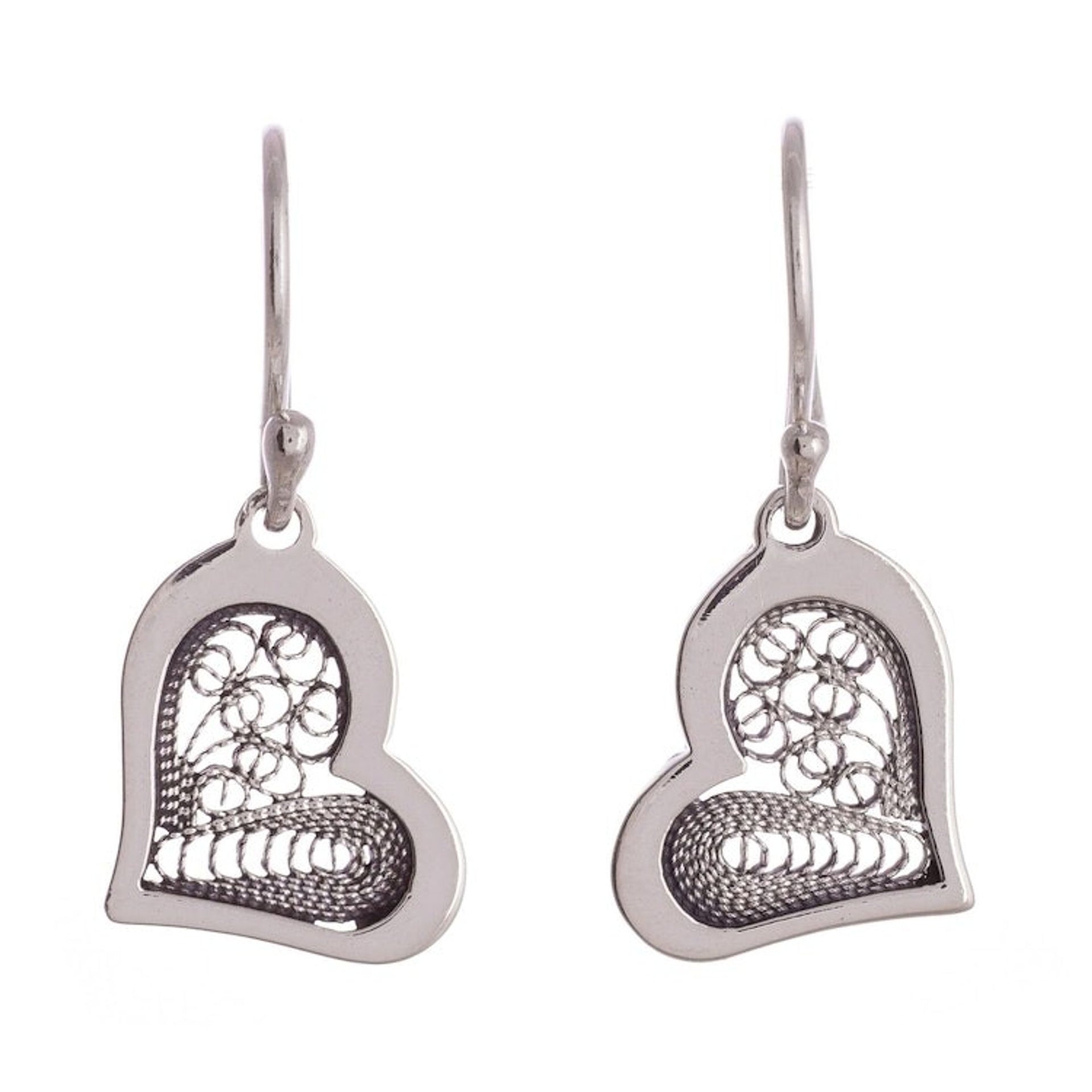 Heart Motif with Filigree Sterling Silver Dangle Earrings 'Fancy Hearts'