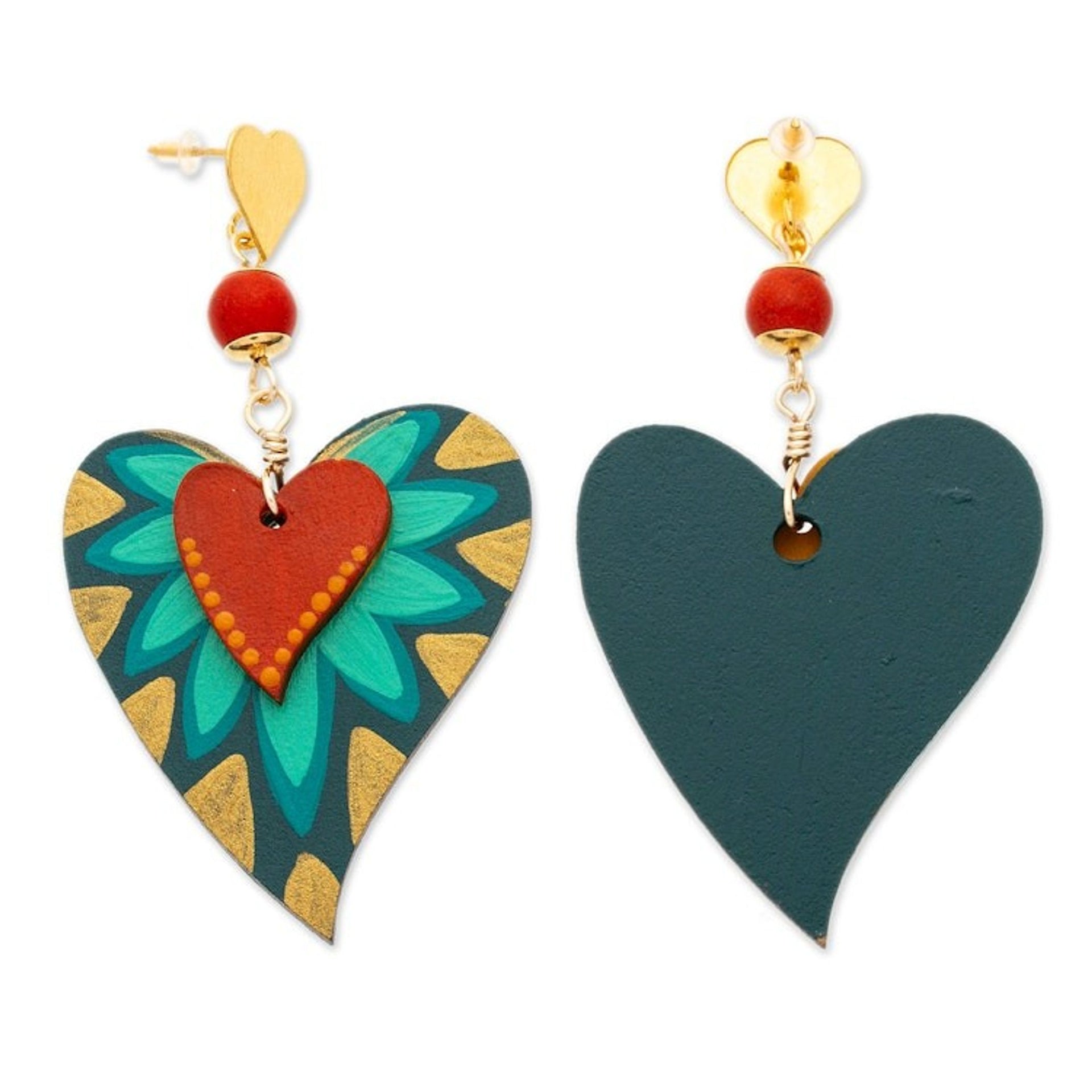 Nature-Inspired Hand-Painted Agate Heart Dangle Earrings 'Jungle Heart'