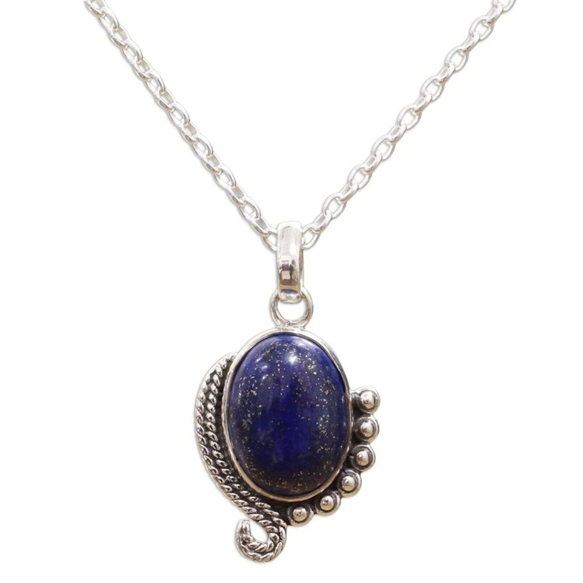 Sterling Silver Lapis Lazuli Pendant Necklace from India 'Indian Delight in Blue'