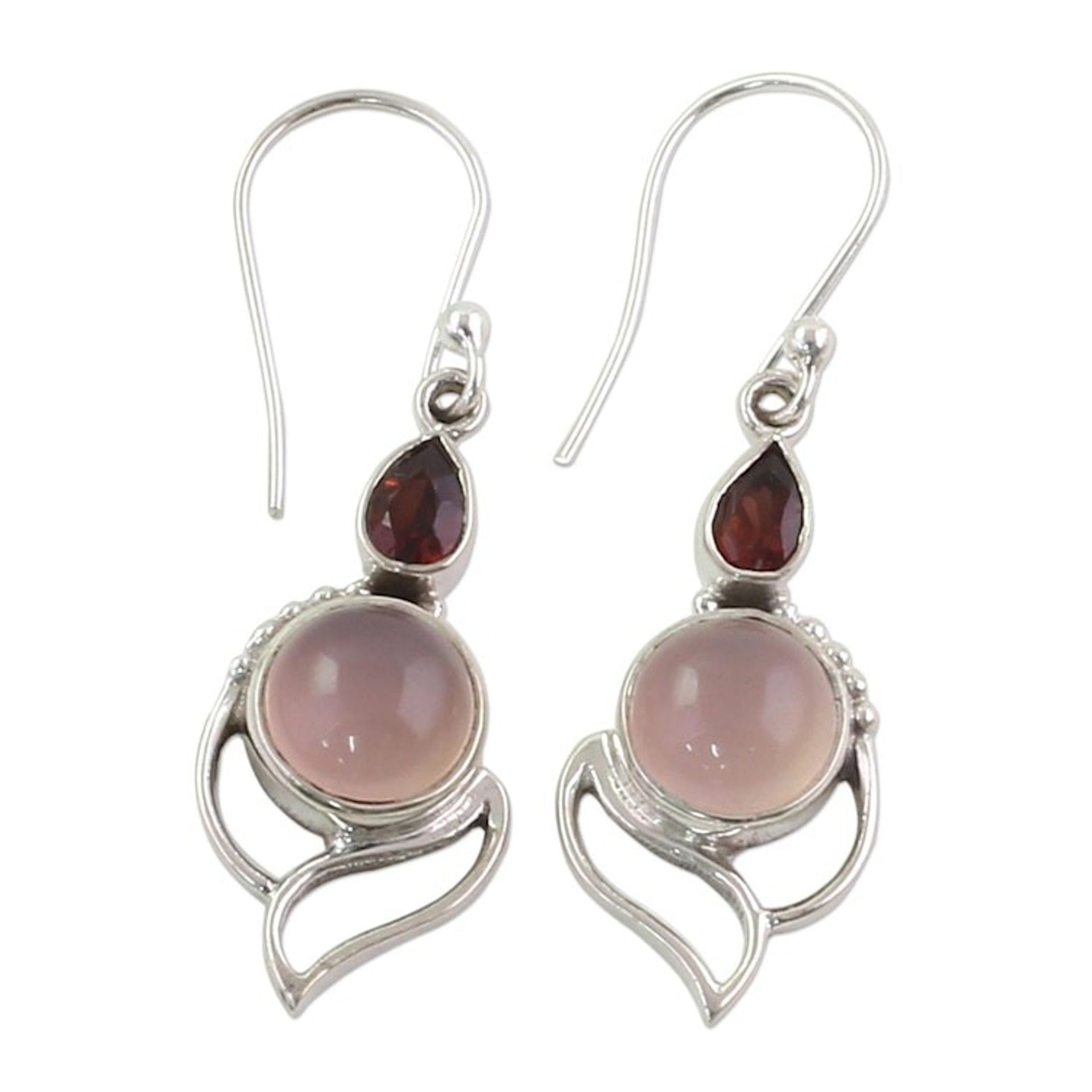 Garnet and Chalcedony Dangle Earrings from India 'Pink Crest'