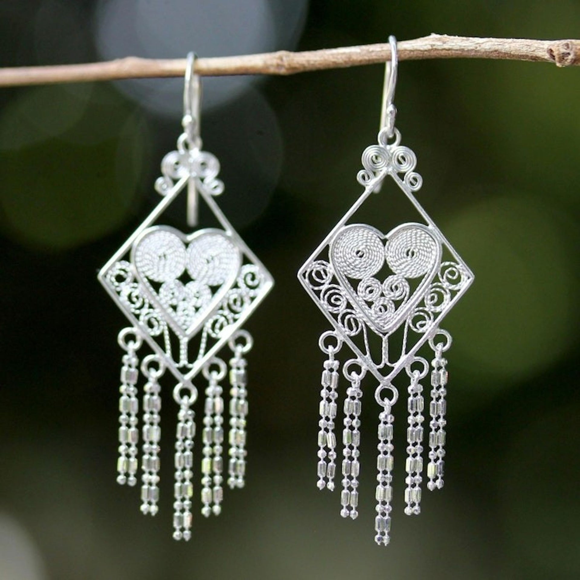 Thai Sterling Silver Diamond Shaped Chandelier Earrings 'Diamond Hearts'