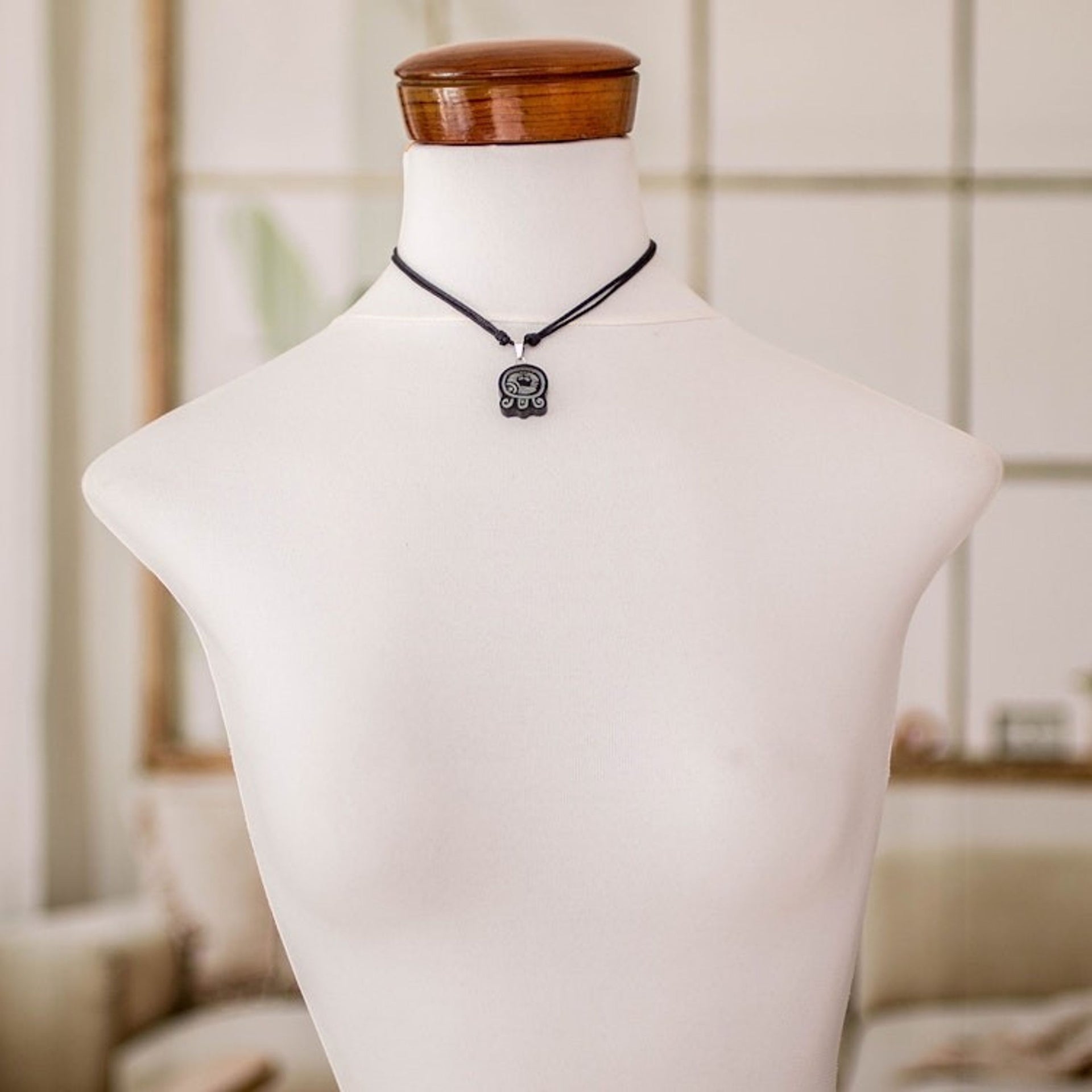 Jade Long Pendant Necklace with Mayan Balance Nahual Design 'Mayan Balance'